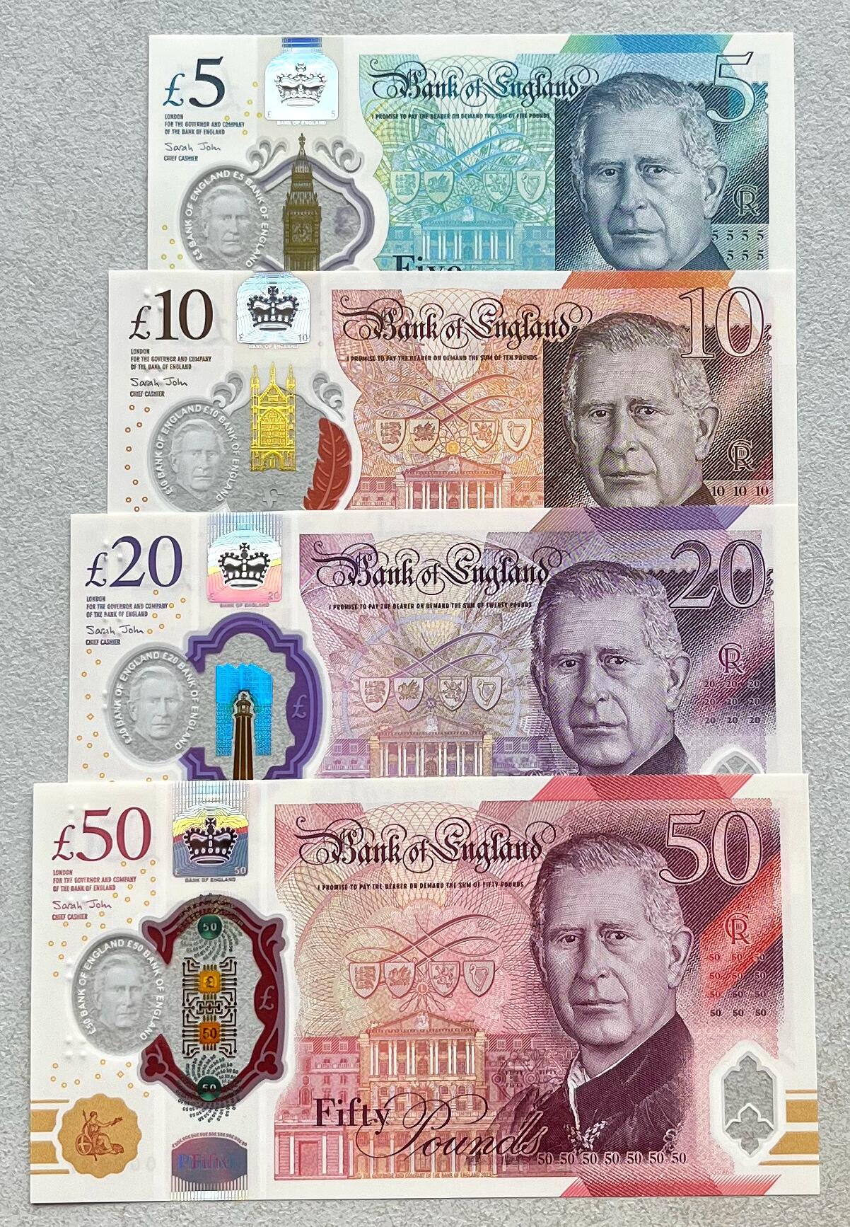 澳门钞、老台币、直布罗陀样钞、英国查尔斯国王新版英镑纸币首发冠千位号，台湾宝星奖章、联勤荣誉纪念章，韩国/哈萨克斯坦套币纪念币，图瓦卢/台湾生肖银币、陈水扁入职银币、台湾精制套币等。彼得堡世界钱币勋章拍卖第117期 英国2024年新版5-10-20-50英镑塑料钞4枚全套纸币，查尔斯国王、全新品相。首发冠千位全同号、第2497号