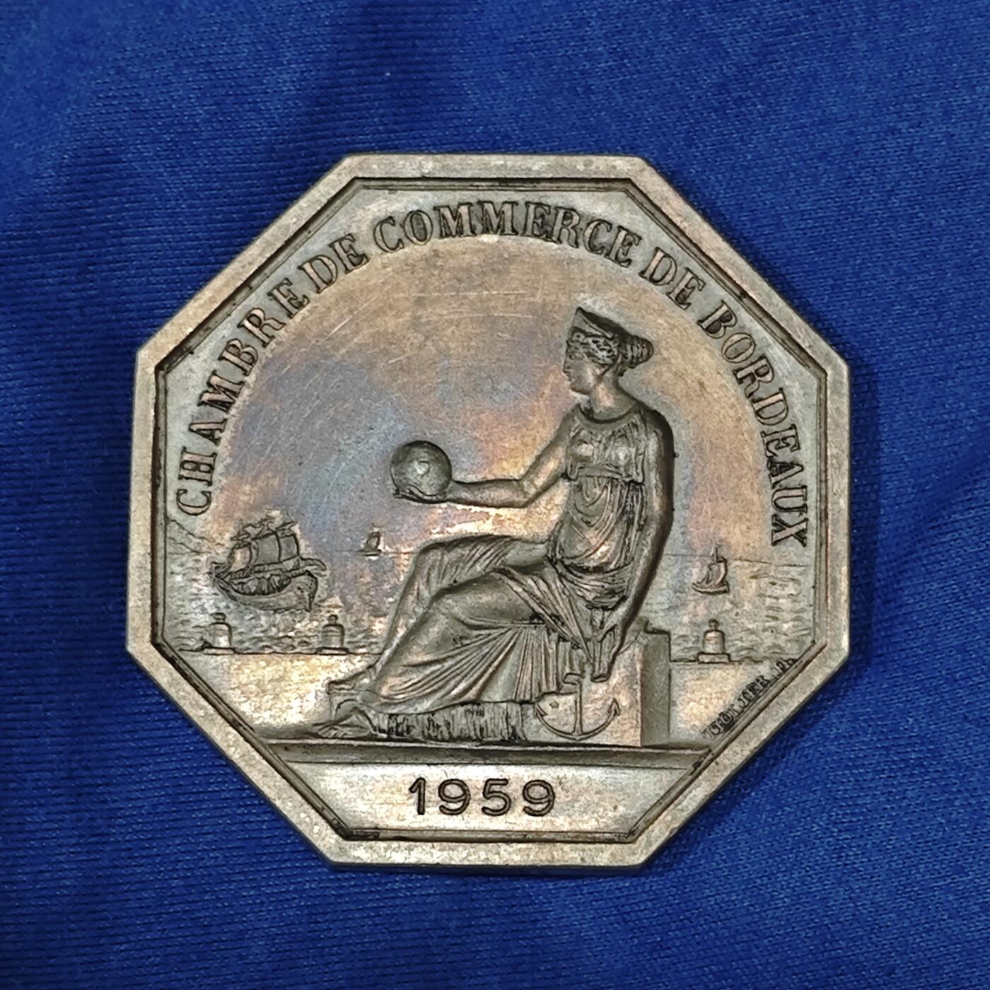 1959年法国波尔多商会海运八角银章铅灰色包浆