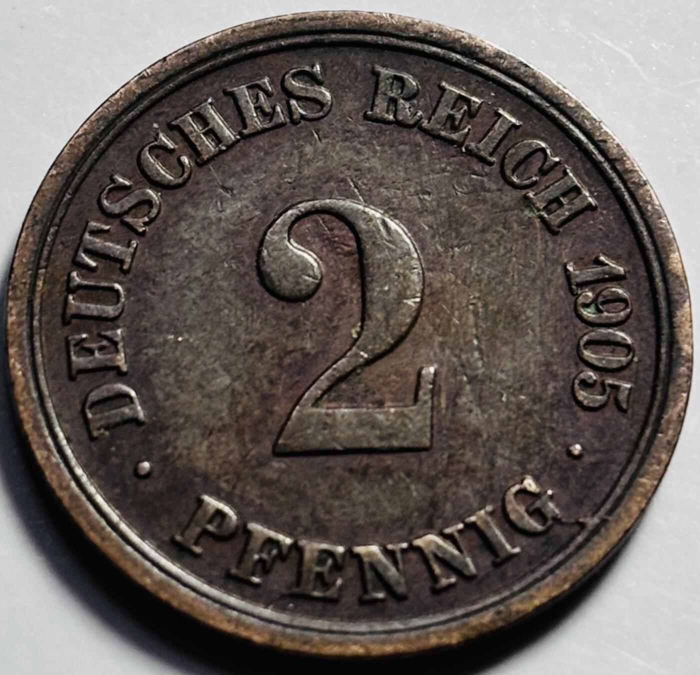 文馨钱币收藏第 203 场，英系套册纪念币，古铜币 好品 1905 年德国 2 芬尼铜币，F 厂标