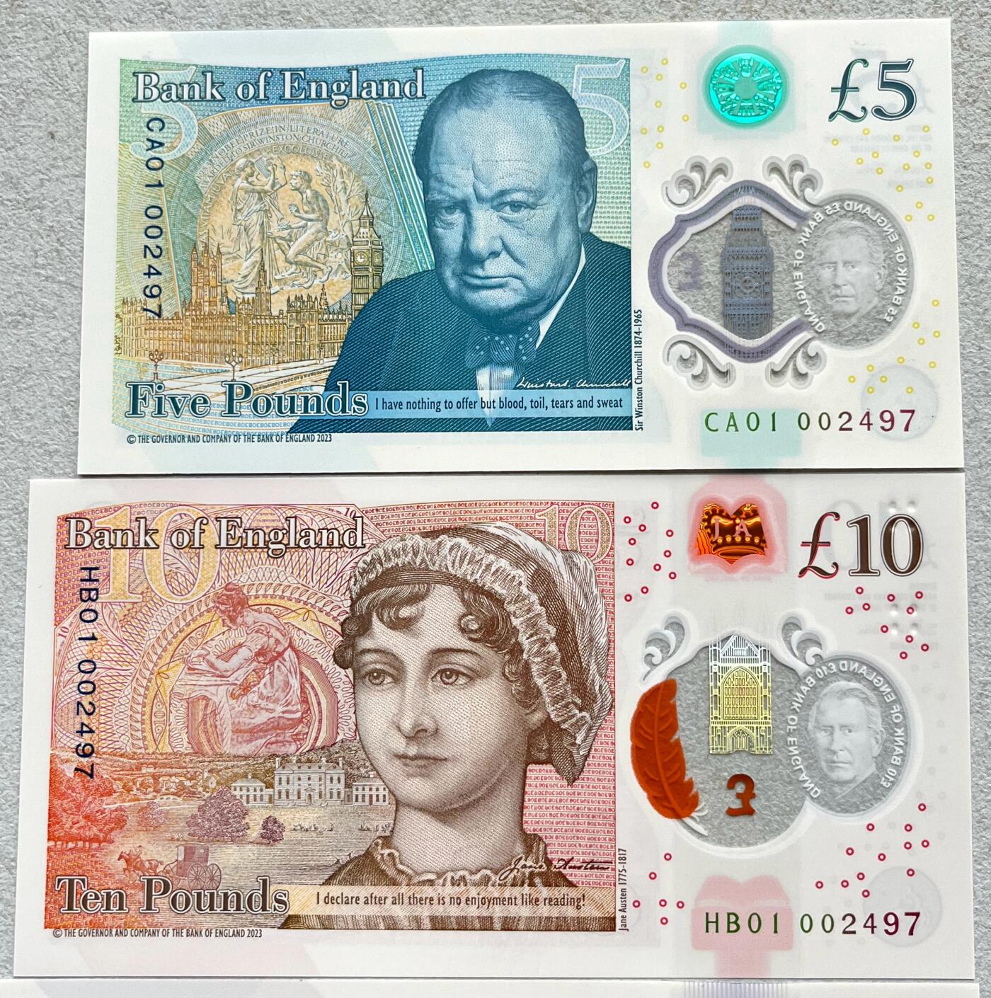 澳门钞、老台币、直布罗陀样钞、英国查尔斯国王新版英镑纸币首发冠千位号，台湾宝星奖章、联勤荣誉纪念章，韩国/哈萨克斯坦套币纪念币，图瓦卢/台湾生肖银币、陈水扁入职银币、台湾精制套币等。彼得堡世界钱币勋章拍卖第117期 英国2024年新版5-10-20-50英镑塑料钞4枚全套纸币，查尔斯国王、全新品相。首发冠千位全同号、第2497号