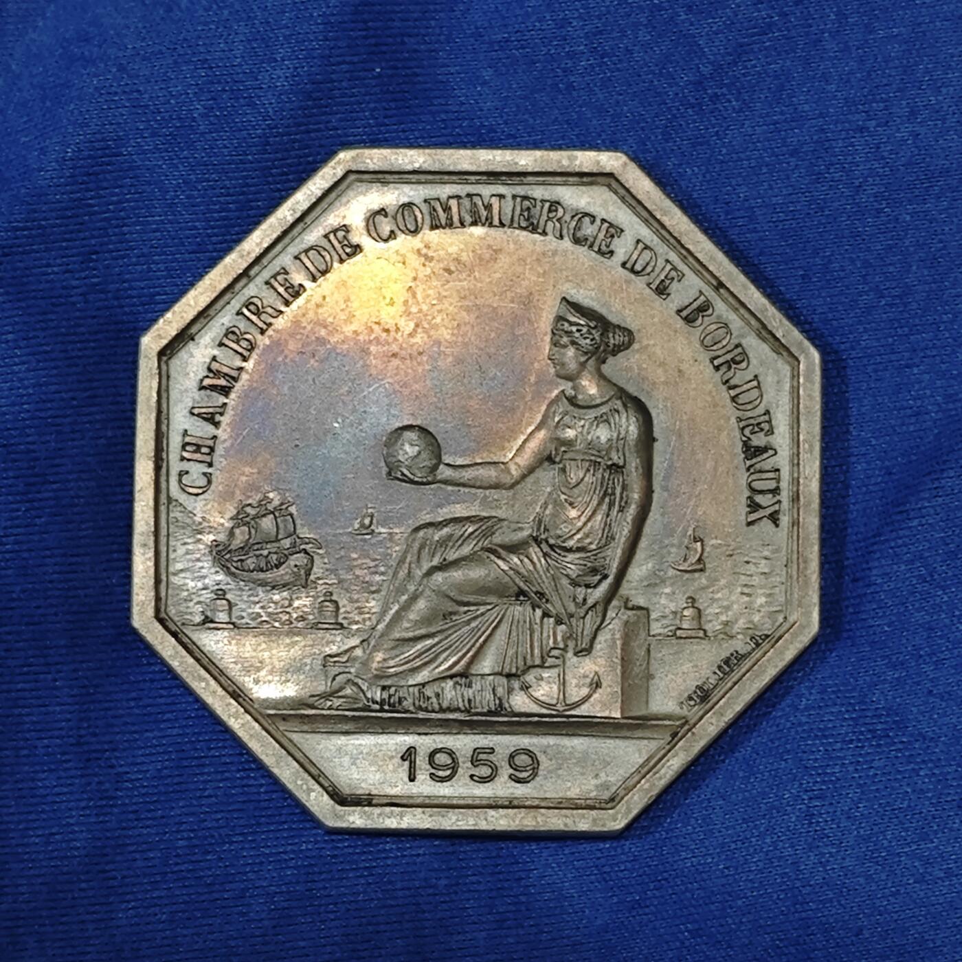 1959年法国波尔多商会海运八角银章铅灰色包浆