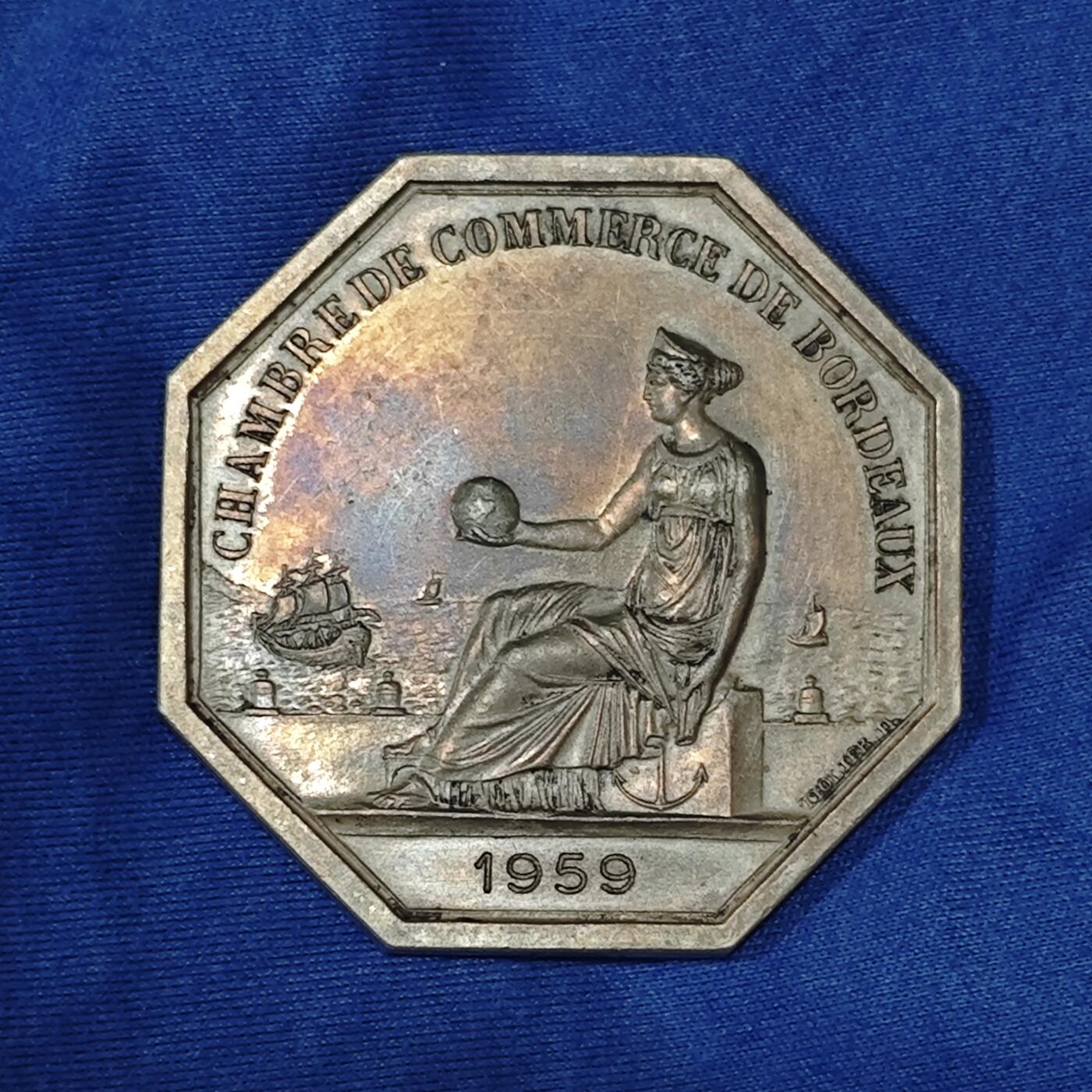 1959年法国波尔多商会海运八角银章铅灰色包浆