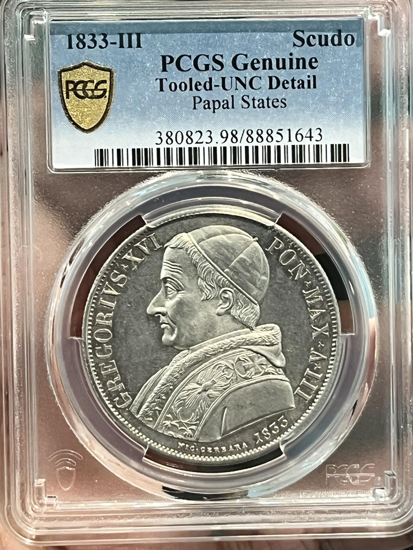 PCGS-UNCD 1833教皇国耶稣诞生斯库多大银币 nomisma拍卖标FDC品原物