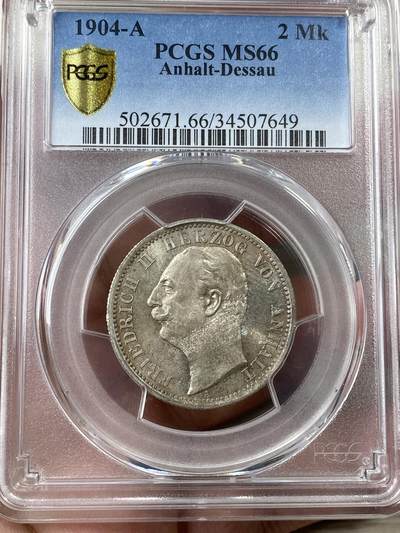 万国钱币拍卖第040期（万国2025新年大拍） - PCGS MS66 1904安哈特-德绍流通长翅2马克 单年发行的小邦流通品种，小而精的代表，原味玫瑰包浆，各方面都无可挑剔的一枚。