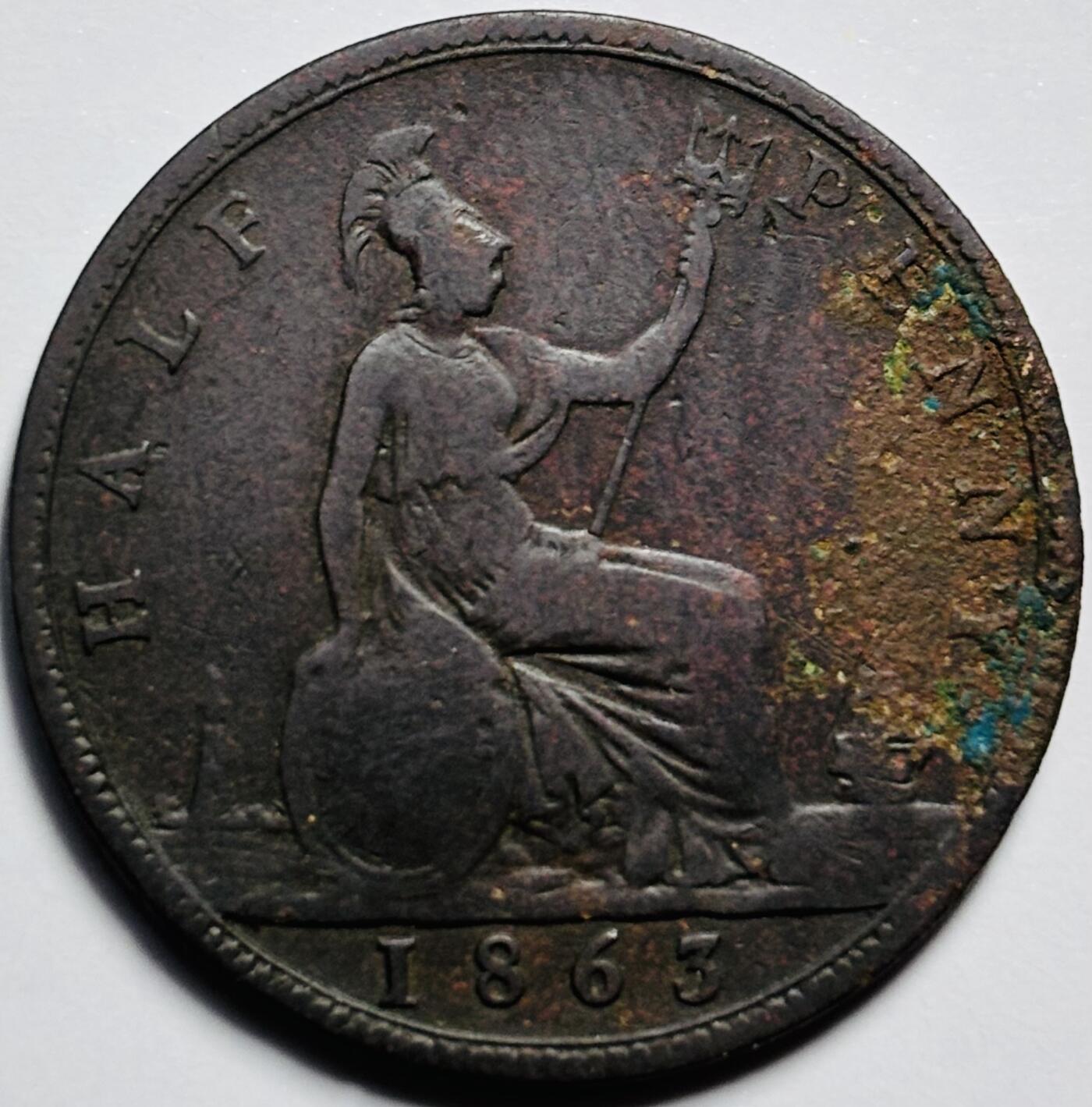 文馨钱币收藏第 203 场，英系套册纪念币，古铜币 多彩 1863 年英国维多利亚双辫子版半便士古铜币