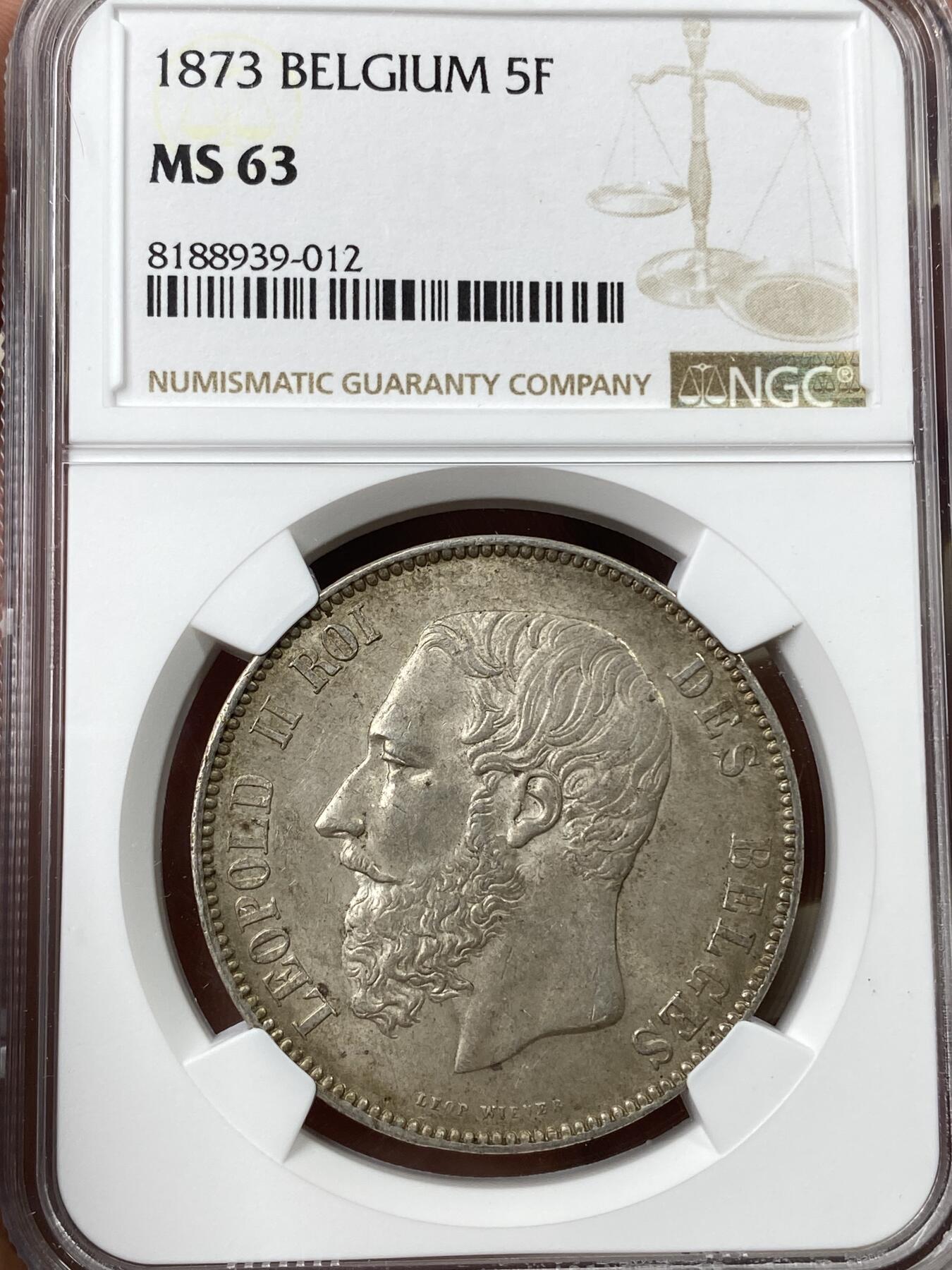 万国钱币拍卖第040期（万国2025新年大拍） NGC MS63 1873年比利时5法郎大银币 原味流通优品 环金彩包浆