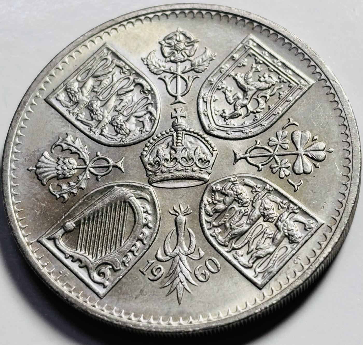 文馨钱币收藏第 203 场，英系套册纪念币，古铜币 原光品相 1960 年英国 5 先令克朗大币