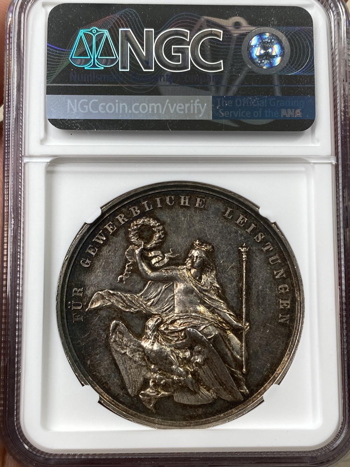 万国钱币拍卖第040期（万国2025新年大拍） NGC MS62 1850年德国普鲁士威廉四世国家商业成就纪念大银章 41.8MM 43.32G 日耳曼尼娅身坐帝国鹰送上祝福 高浮雕环五彩罕见