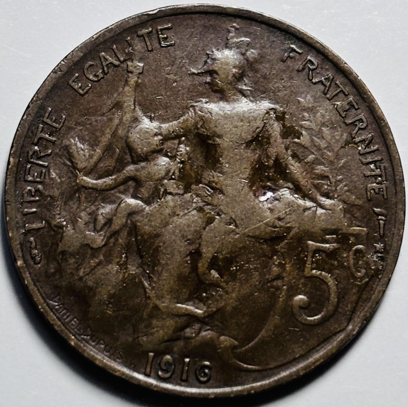 文馨钱币收藏第 203 场，英系套册纪念币，古铜币 1916 年法兰西第三共和国玛丽安娜女神 5 分古铜币