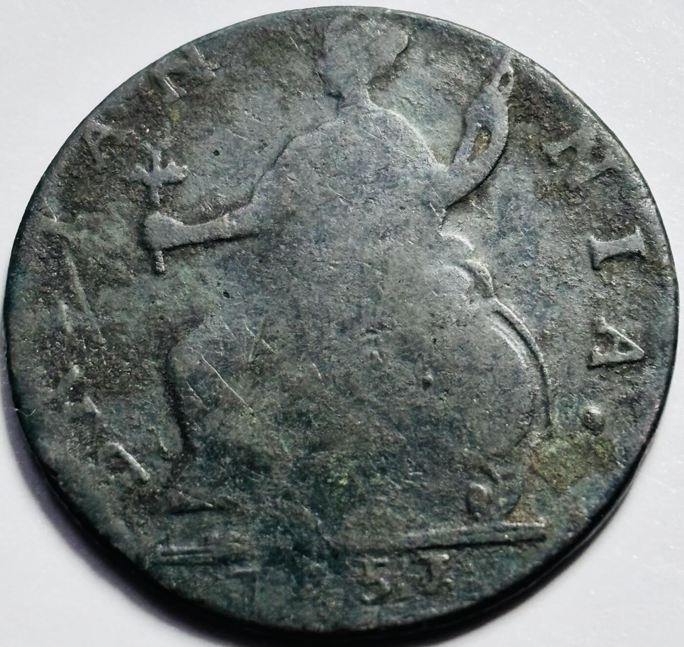 文馨钱币收藏第 203 场，英系套册纪念币，古铜币 1751 年英国乔治二世半便士古铜币