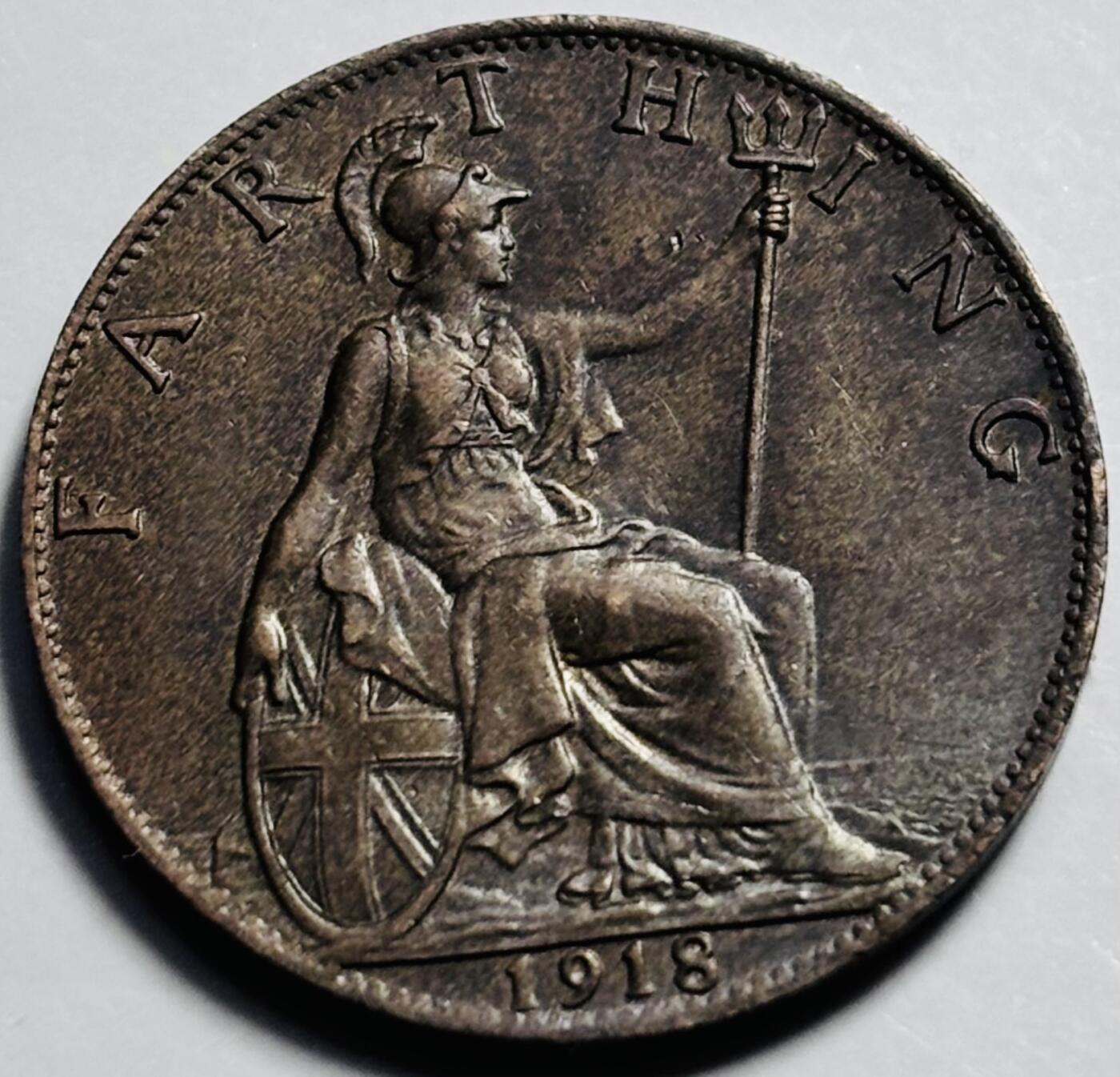 文馨钱币收藏第 203 场，英系套册纪念币，古铜币 极美品 1918 年英国乔治五世法新古铜币
