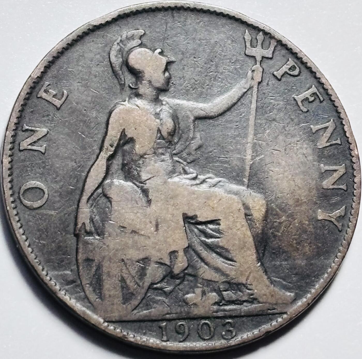 文馨钱币收藏第 203 场，英系套册纪念币，古铜币 1905 年英国爱德华七世 1 便士古铜币