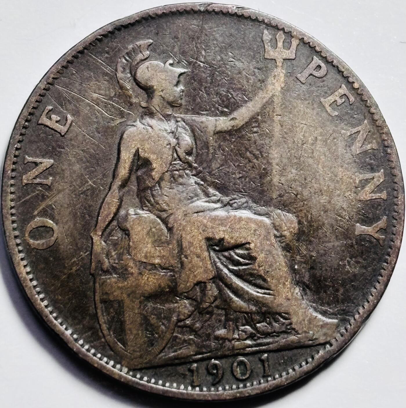 文馨钱币收藏第 203 场，英系套册纪念币，古铜币 好品 1901 年英国维多利亚披纱版 1 便士古铜币