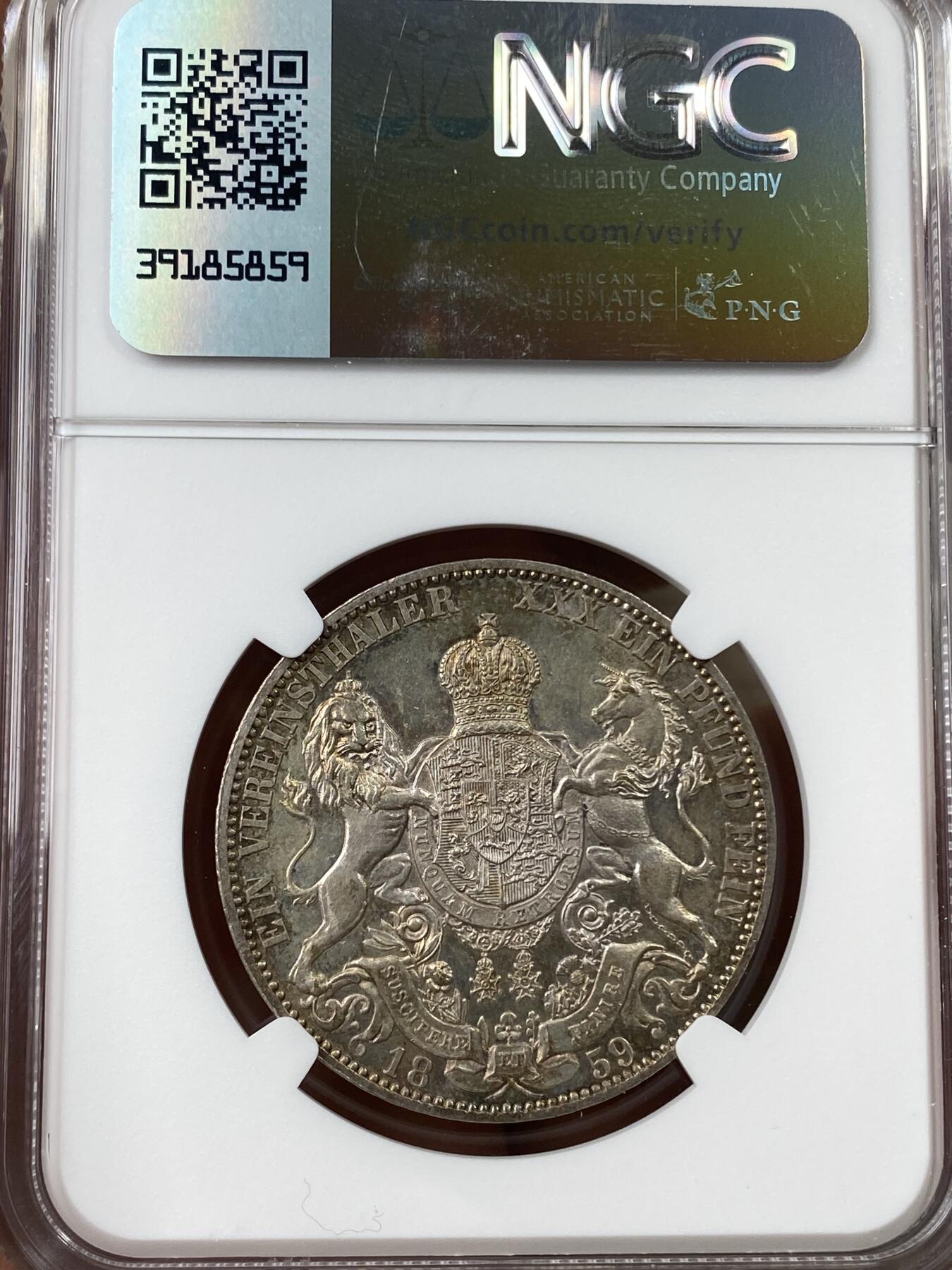 万国钱币拍卖第040期（万国2025新年大拍） NGC MS62 1859年德国汉诺威狮马流通1泰勒 经典品种 原味五彩 稀少年份