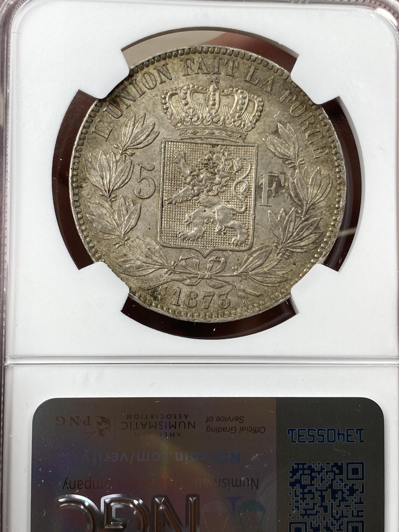 万国钱币拍卖第040期（万国2025新年大拍） NGC MS63 1873年比利时5法郎大银币 原味流通优品 环金彩包浆