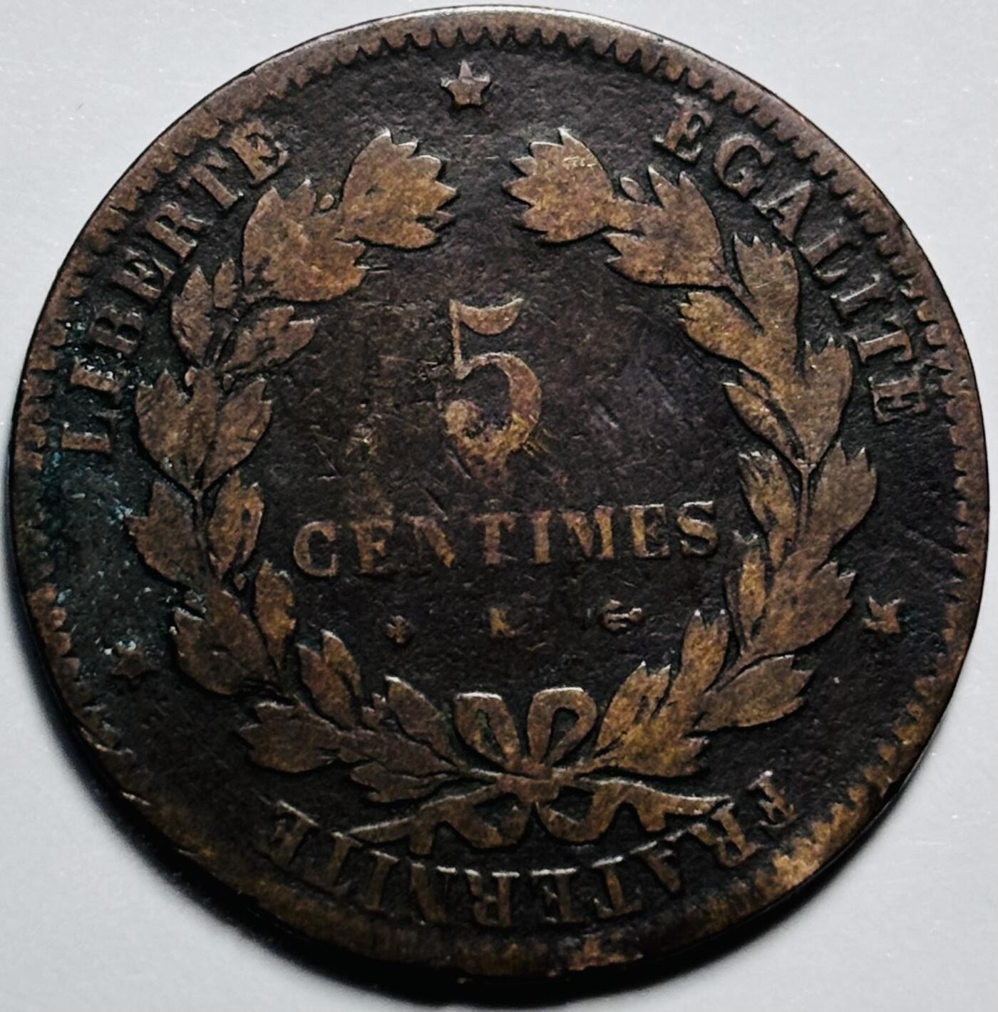 文馨钱币收藏第 203 场，英系套册纪念币，古铜币 1877 年法兰西第三共和国谷物女神 5 分古铜币 K 厂标