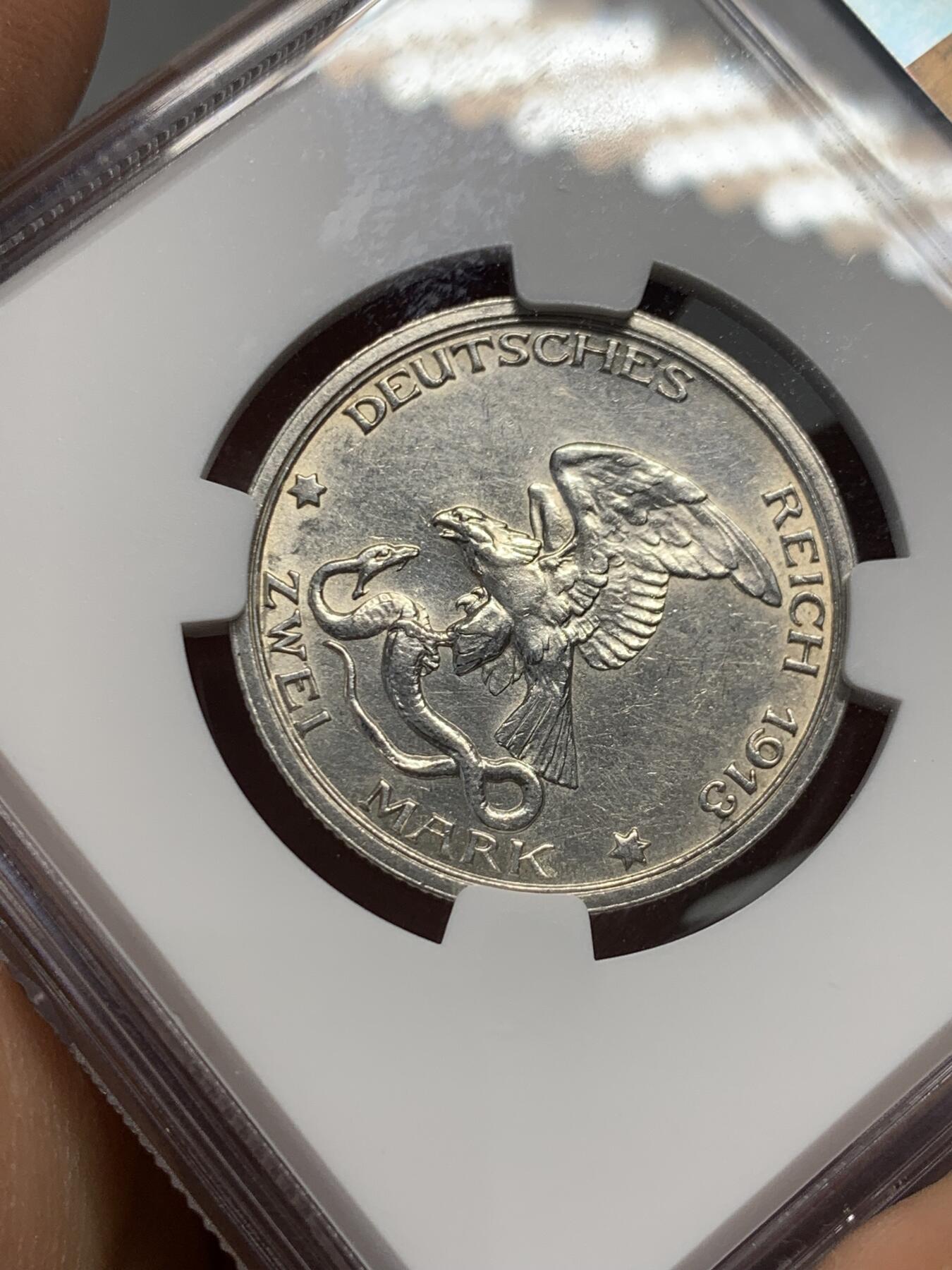 《竞宝斋》第342场 周日，周一，2场连拍 （全场包邮） NGC AUD 德国1913年普鲁士战胜拿破仑2马克银币