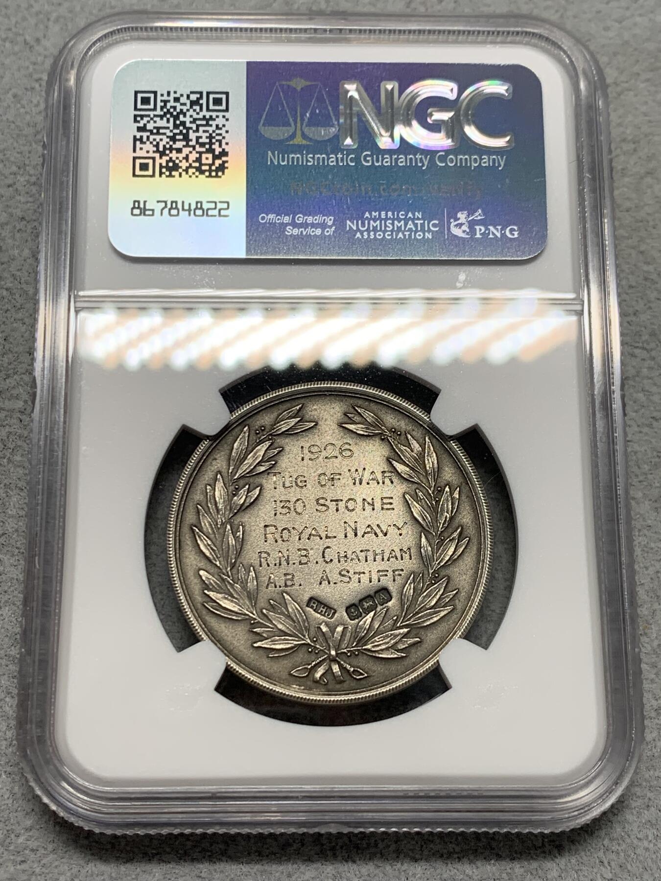 《竞宝斋》第342场 周日，周一，2场连拍 （全场包邮） NGC MS64 英国1926年皇家海军竞赛银章，直径32.5mm，重15.3克。