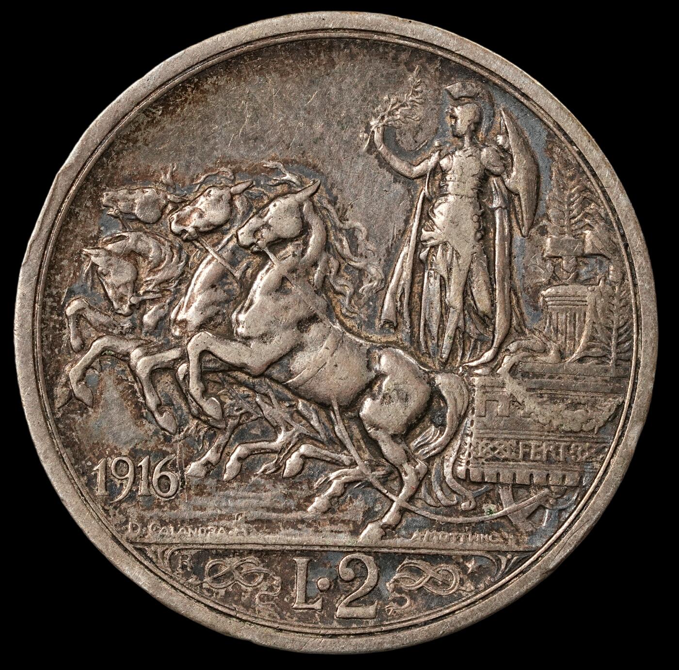 修遠堂世界钱币第五十二期 全场包邮 1916年意大利马车2里拉银币 9.93g