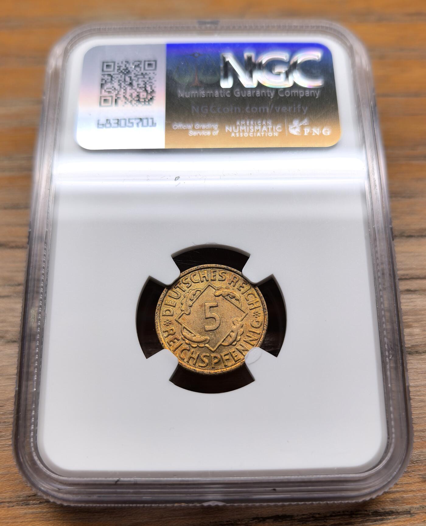 凡希社世界钱币微拍第二百九十四期 1936F德国麦穗5芬尼铜币NGC-MS63