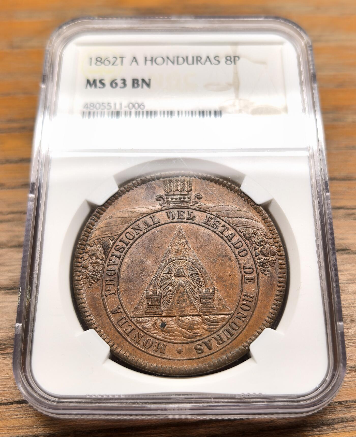 凡希社世界钱币微拍第二百九十四期 荐！1862洪都拉斯8比索铜样NGC-MS63