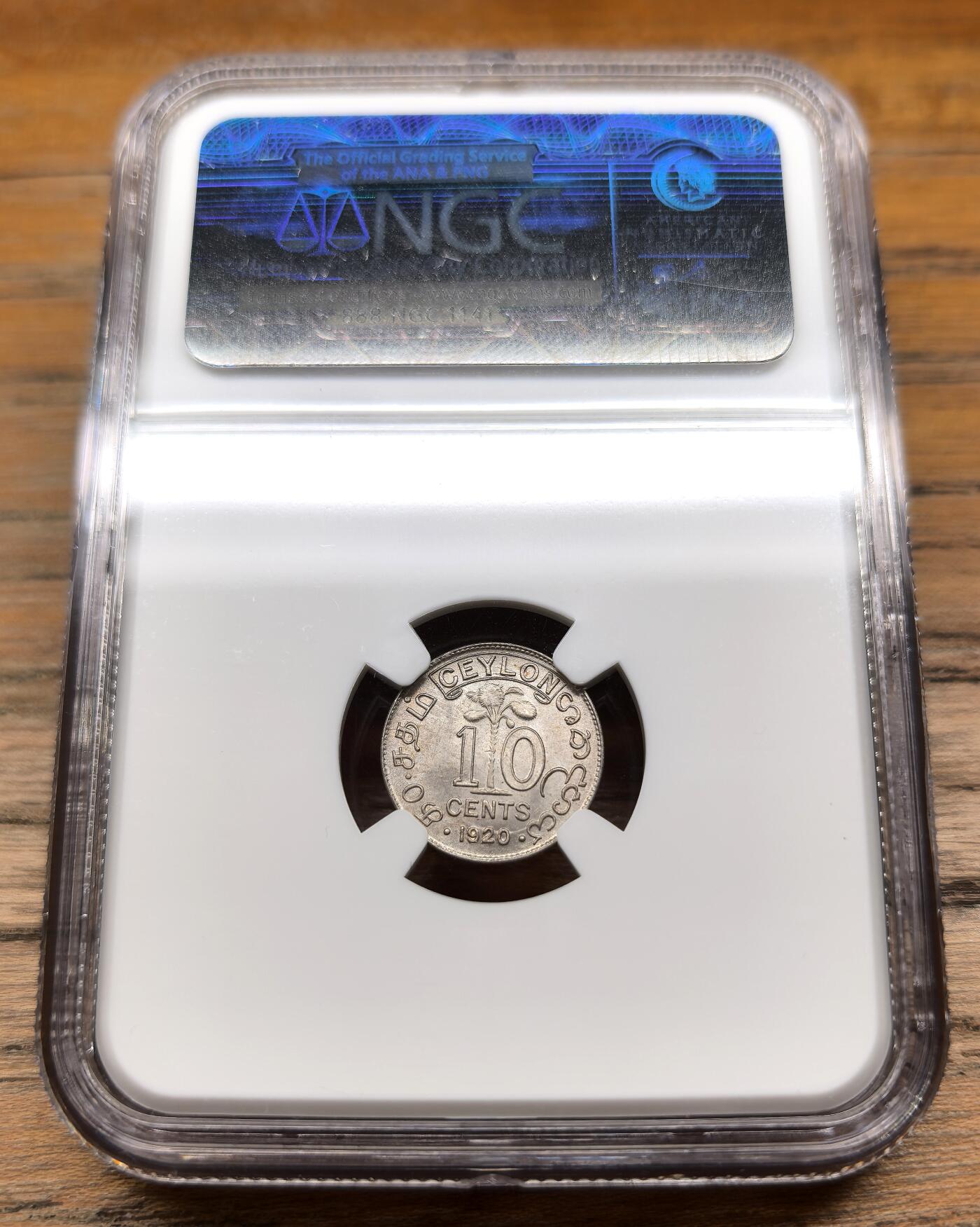 凡希社世界钱币微拍第二百九十四期 1920B英属锡兰乔五10分银币NGC-MS65高分！
