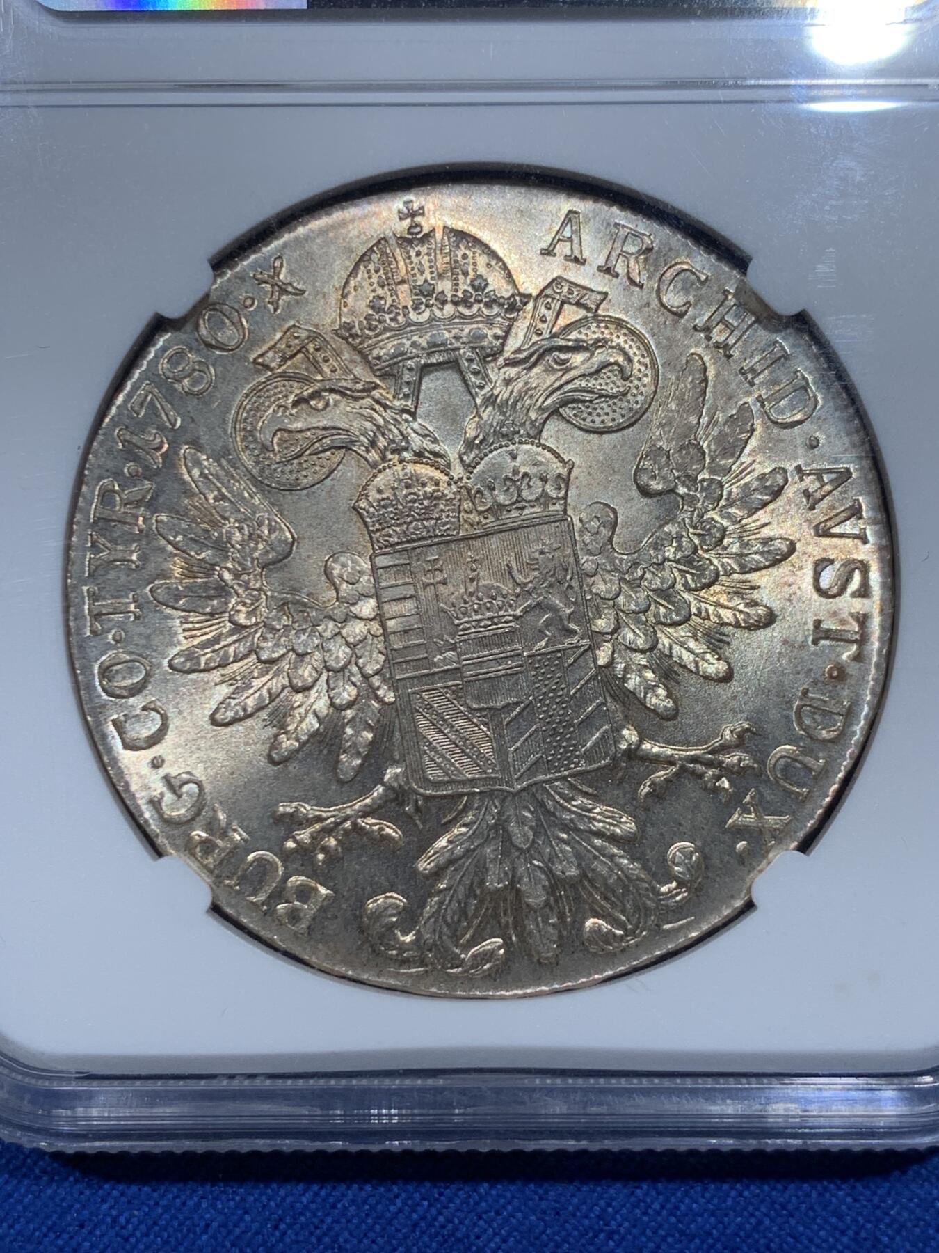 《竞宝斋》第342场 周日，周一，2场连拍 （全场包邮） NGC MS62 奥匈帝国1780年奥地利女王大奶妈1泰勒官方后铸版银币，黄油光，状态好。