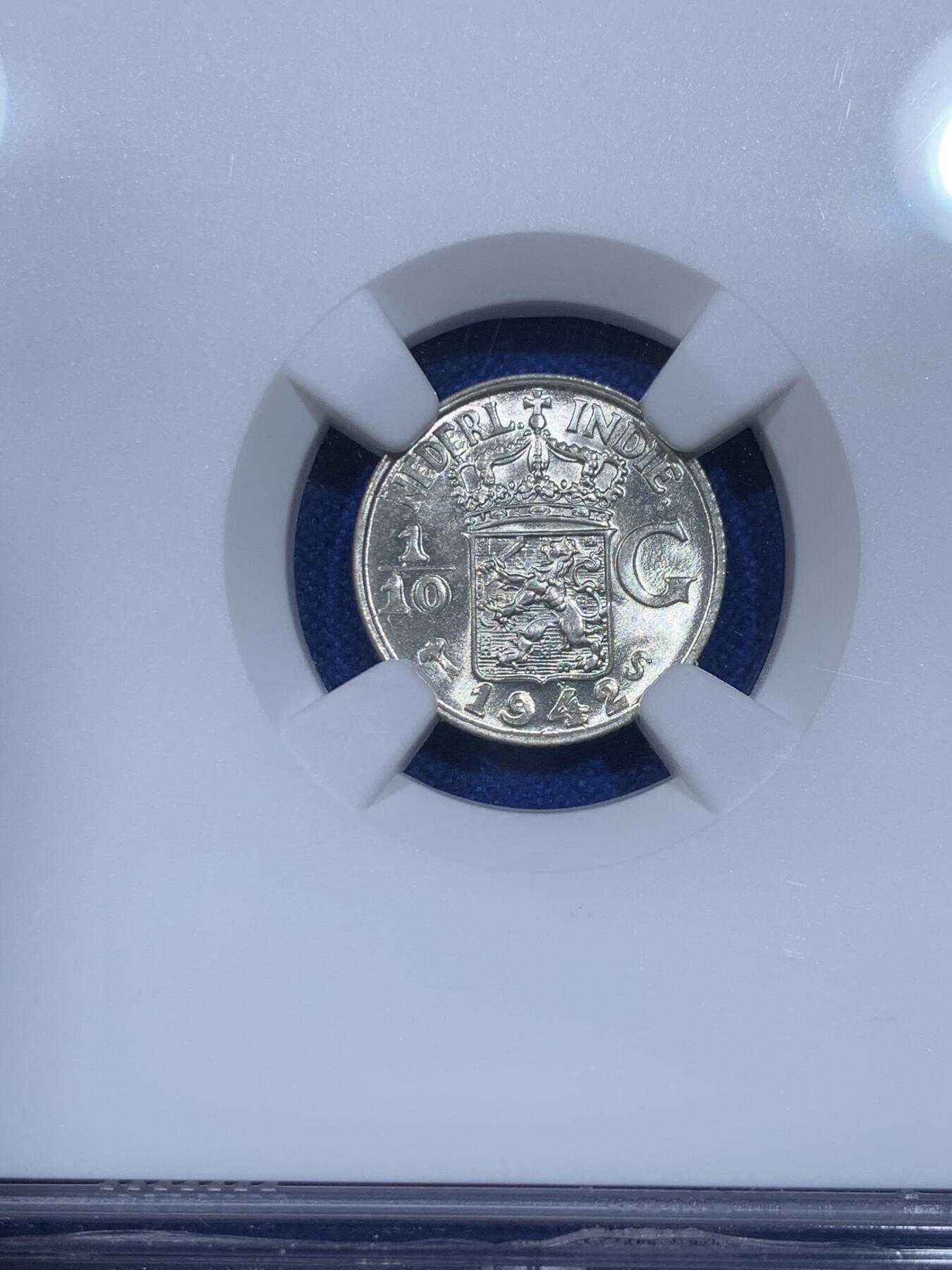 《竞宝斋》第342场 周日，周一，2场连拍 （全场包邮） NGC MS65 荷属东印度 1942年 1/10盾 银币