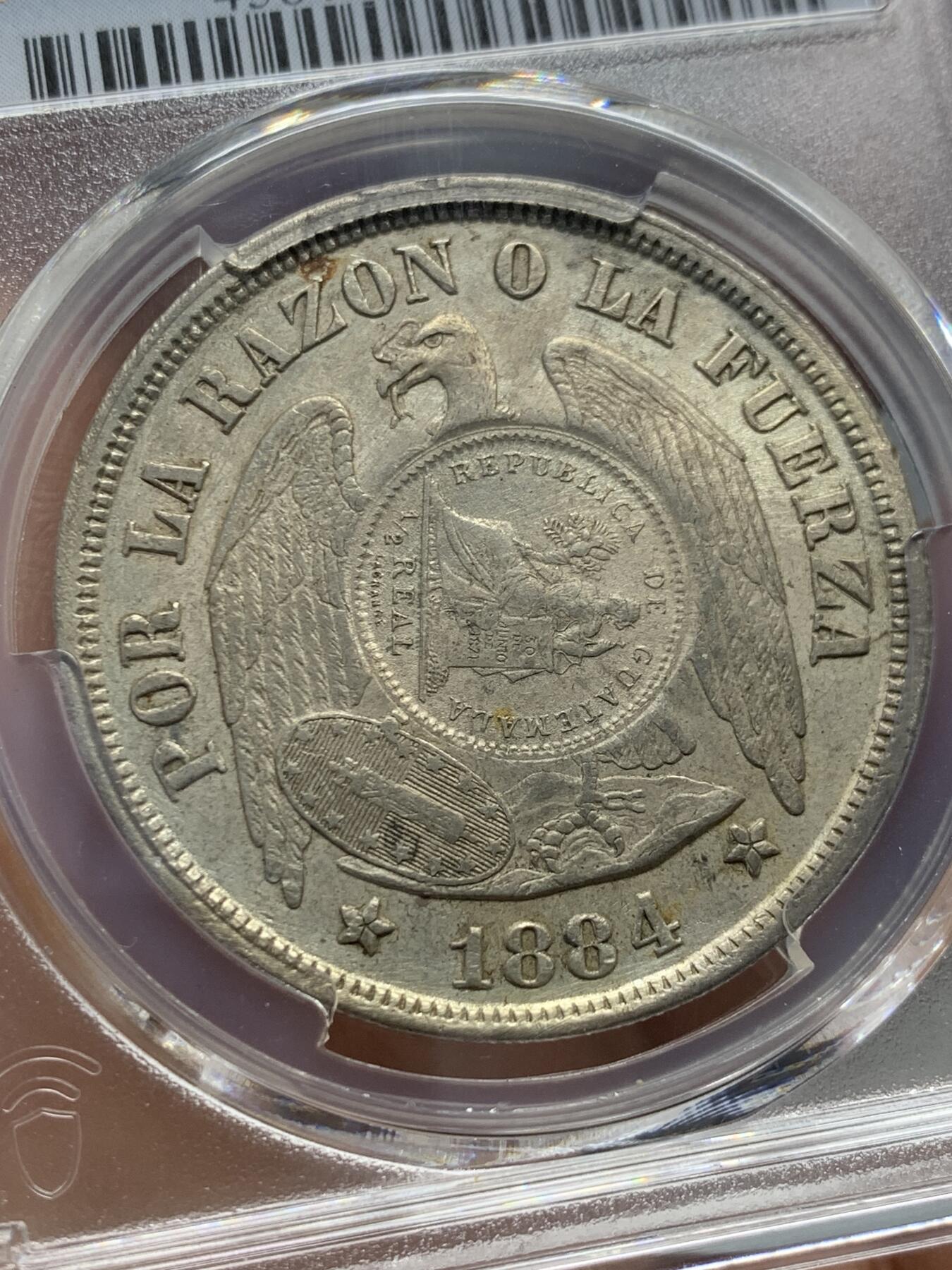 《竞宝斋》第342场 周日，周一，2场连拍 （全场包邮） PCGS AUD 危地马拉1894年加盖1884年智利秃鹰比索银币，稀见品种，没几个成交纪录，少见品种