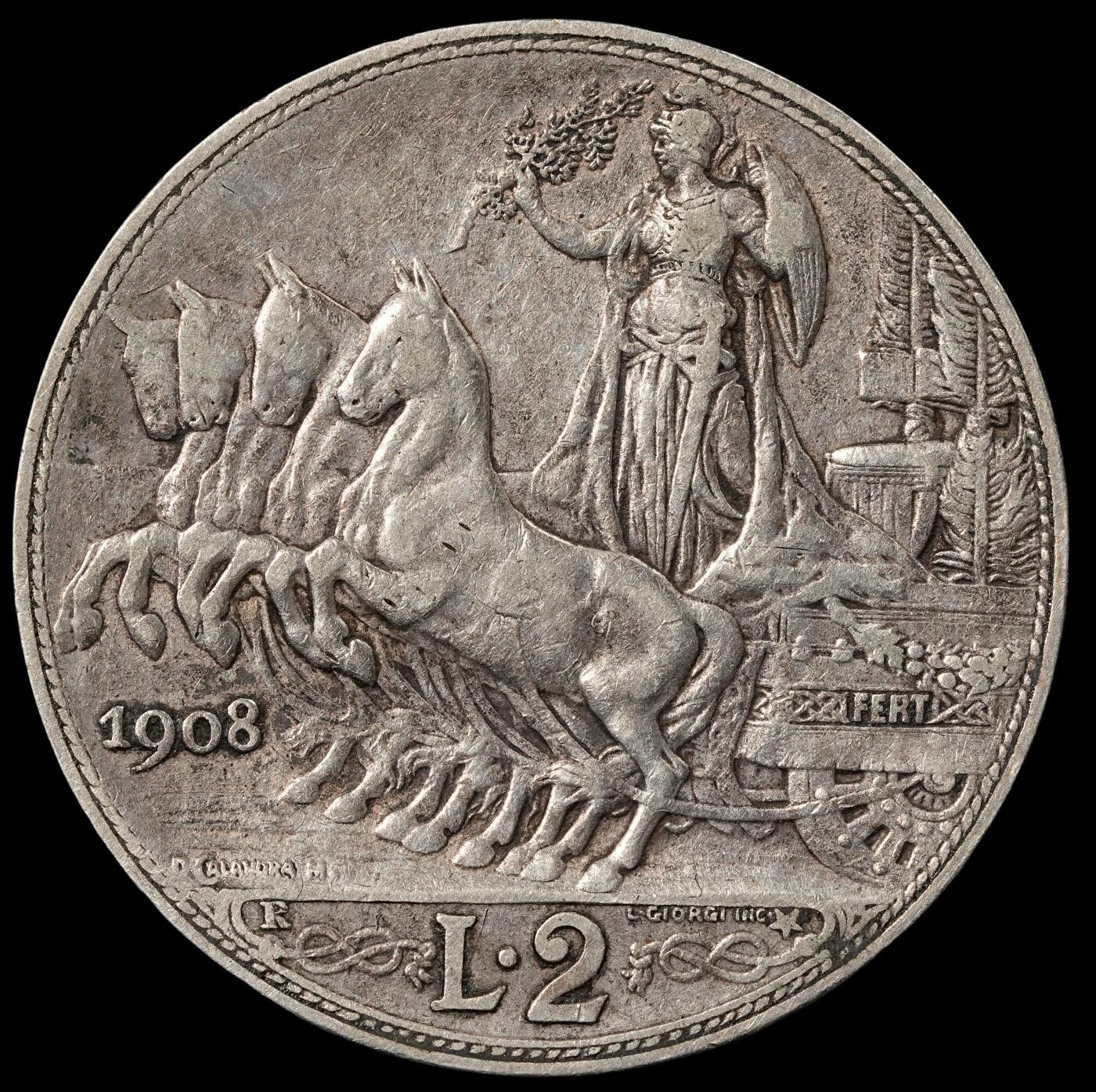 修遠堂世界钱币第五十二期 全场包邮 1908年意大利马车2里拉银币 9.93g
