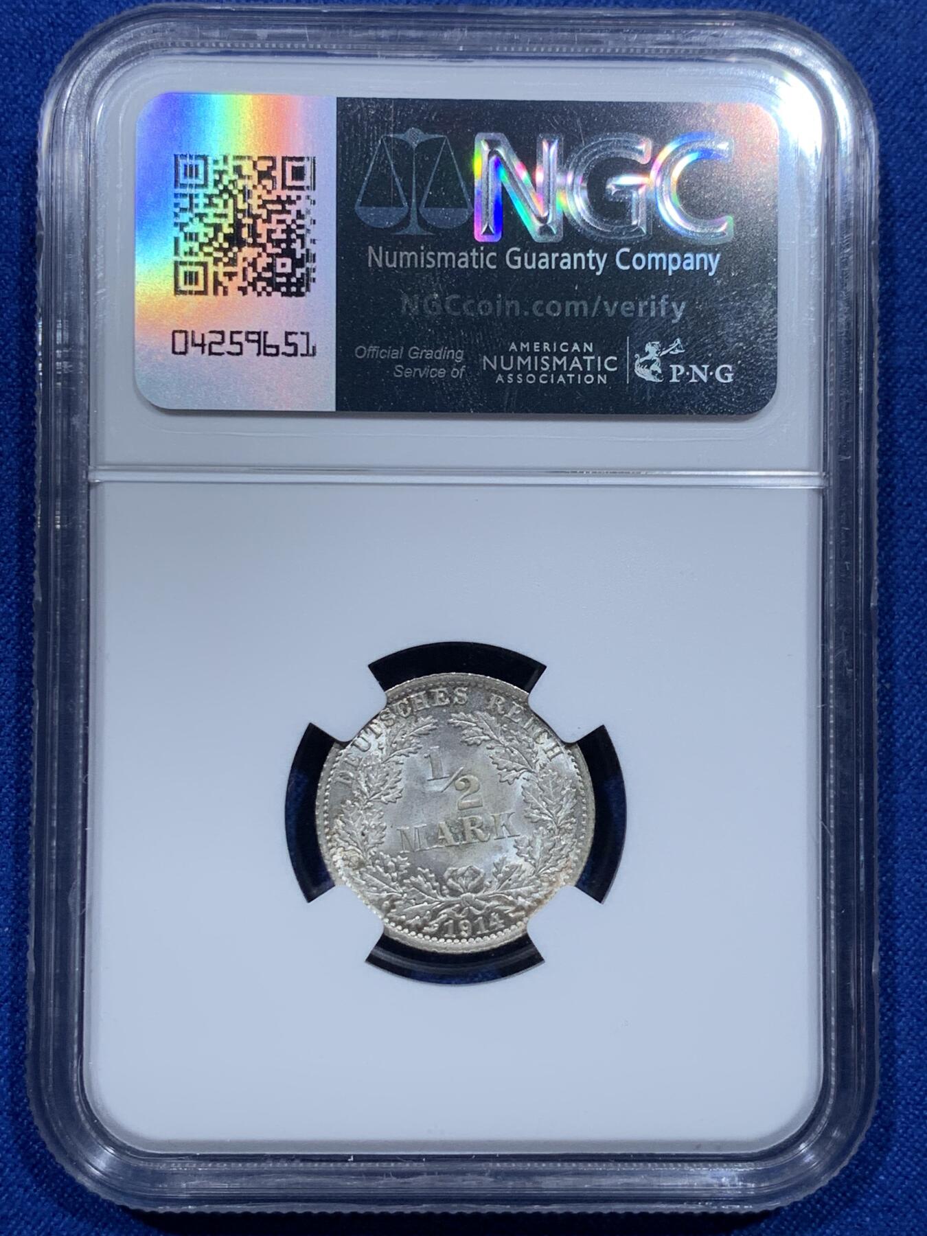 《竞宝斋》第342场 周日，周一，2场连拍 （全场包邮） NGC MS64 德国1914年A厂鹰徽1/2马克银币