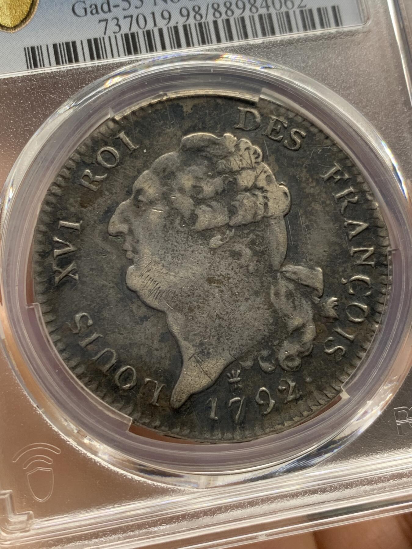 《竞宝斋》第342场 周日，周一，2场连拍 （全场包邮） PCGS VFD 法国1792年路易十六天使埃居 黑彩 细节见图
