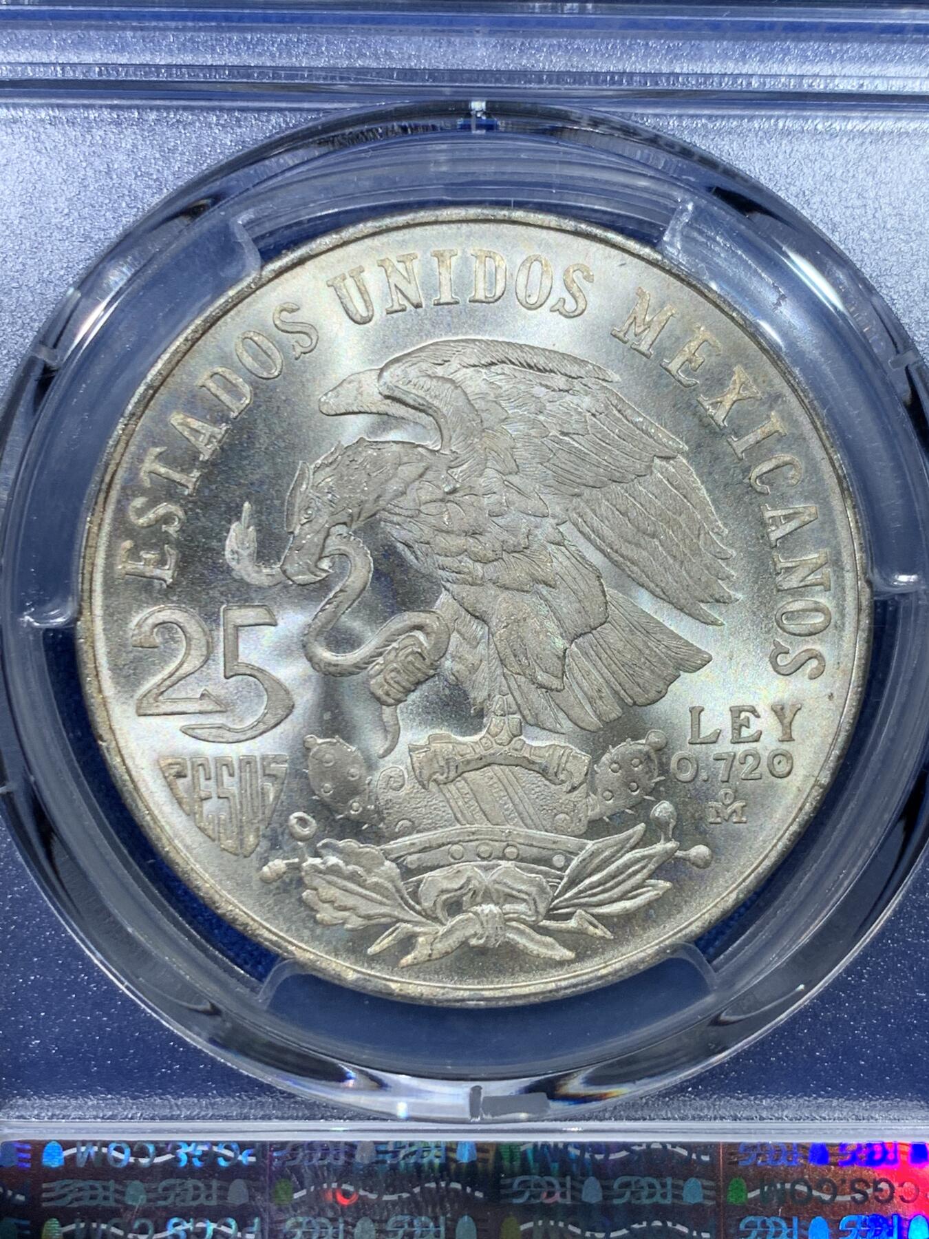 《竞宝斋》第342场 周日，周一，2场连拍 （全场包邮） PCGS MS66 墨西哥1968-Mo鹰洋25比索纪念银币，阿兹台克战士！