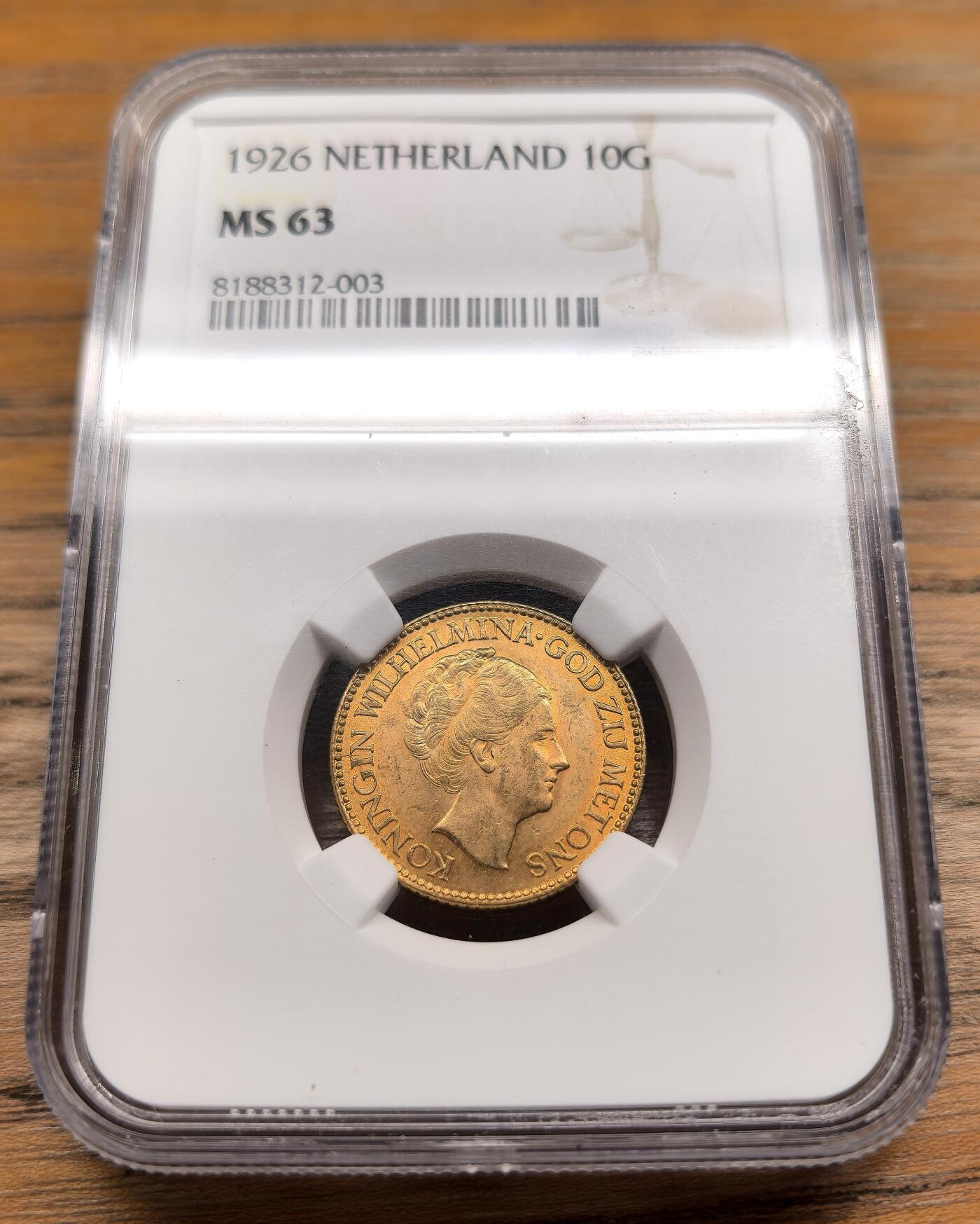 凡希社世界钱币微拍第二百九十四期 1926荷兰威廉敏娜10盾金币NGC-MS63