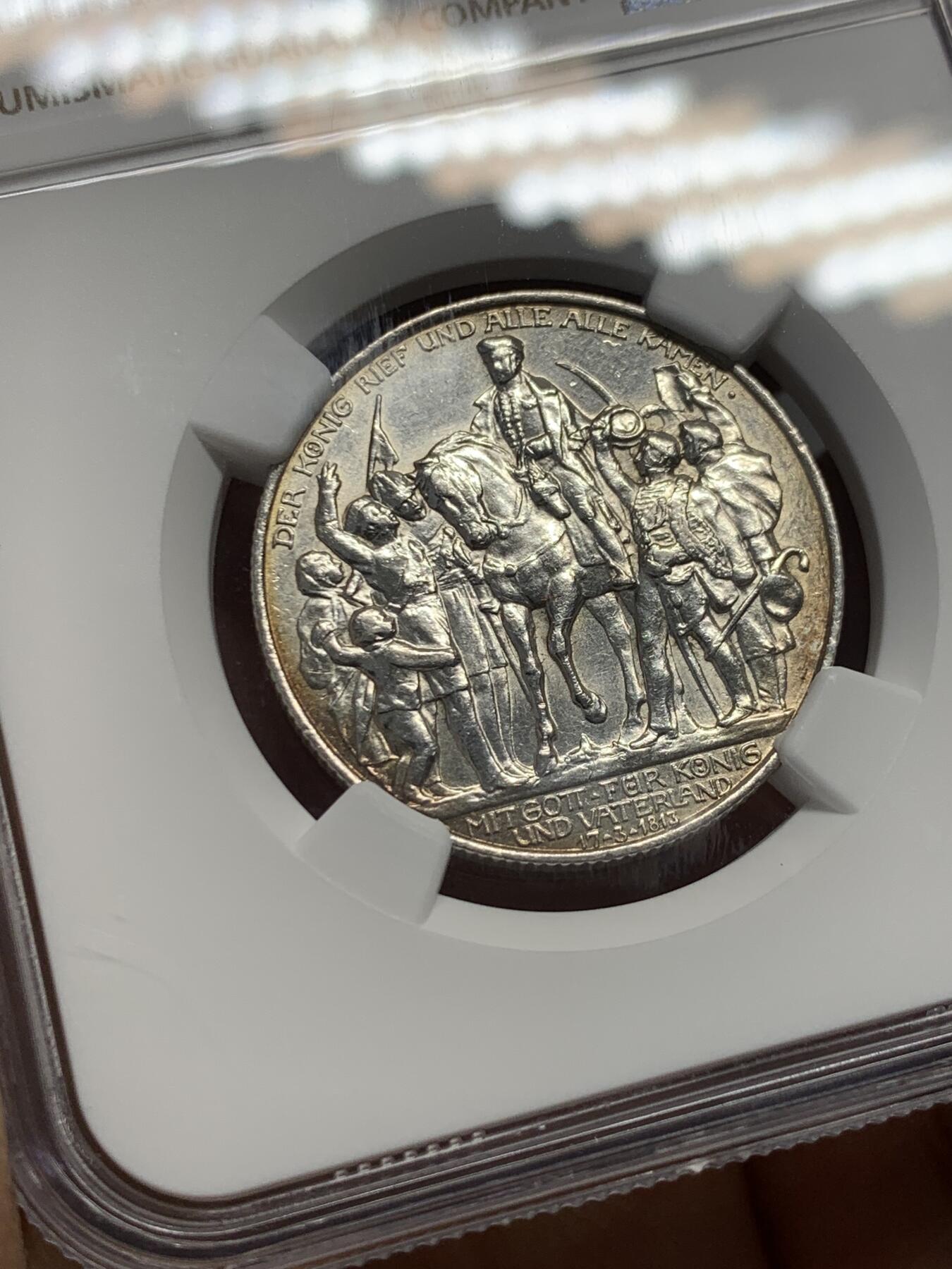 《竞宝斋》第342场 周日，周一，2场连拍 （全场包邮） NGC AUD 德国1913年普鲁士战胜拿破仑2马克银币
