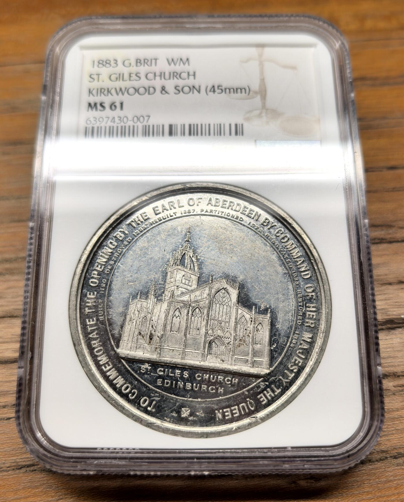 凡希社世界钱币微拍第二百九十四期 1883英国爱丁堡圣吉尔斯大教堂内部修复纪念白色金属章NGC-MS61