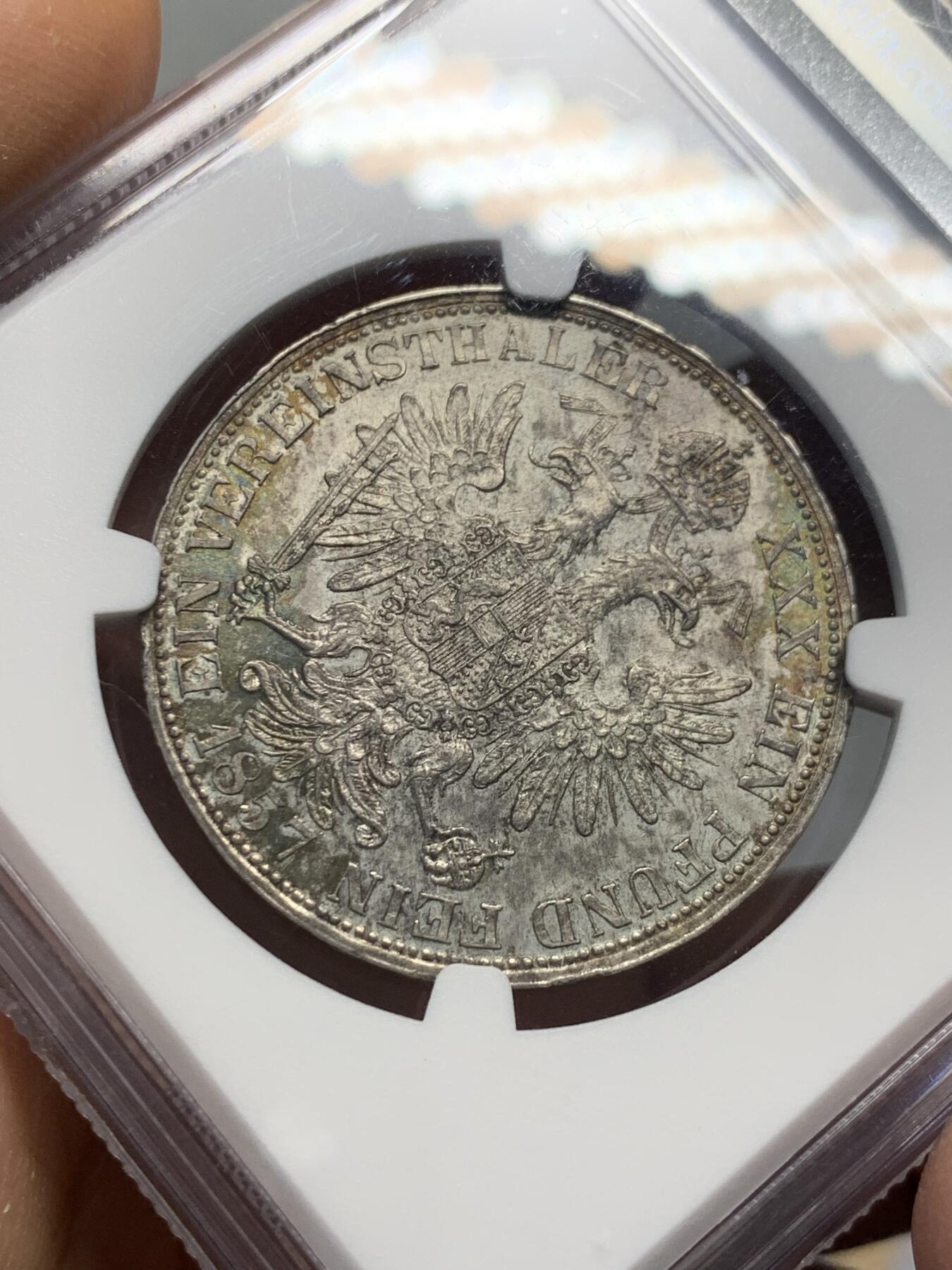 《竞宝斋》第342场 周日，周一，2场连拍 （全场包邮） NGC MS62 奥地利1857年弗朗茨一世双头鹰1泰勒银币，状态不错