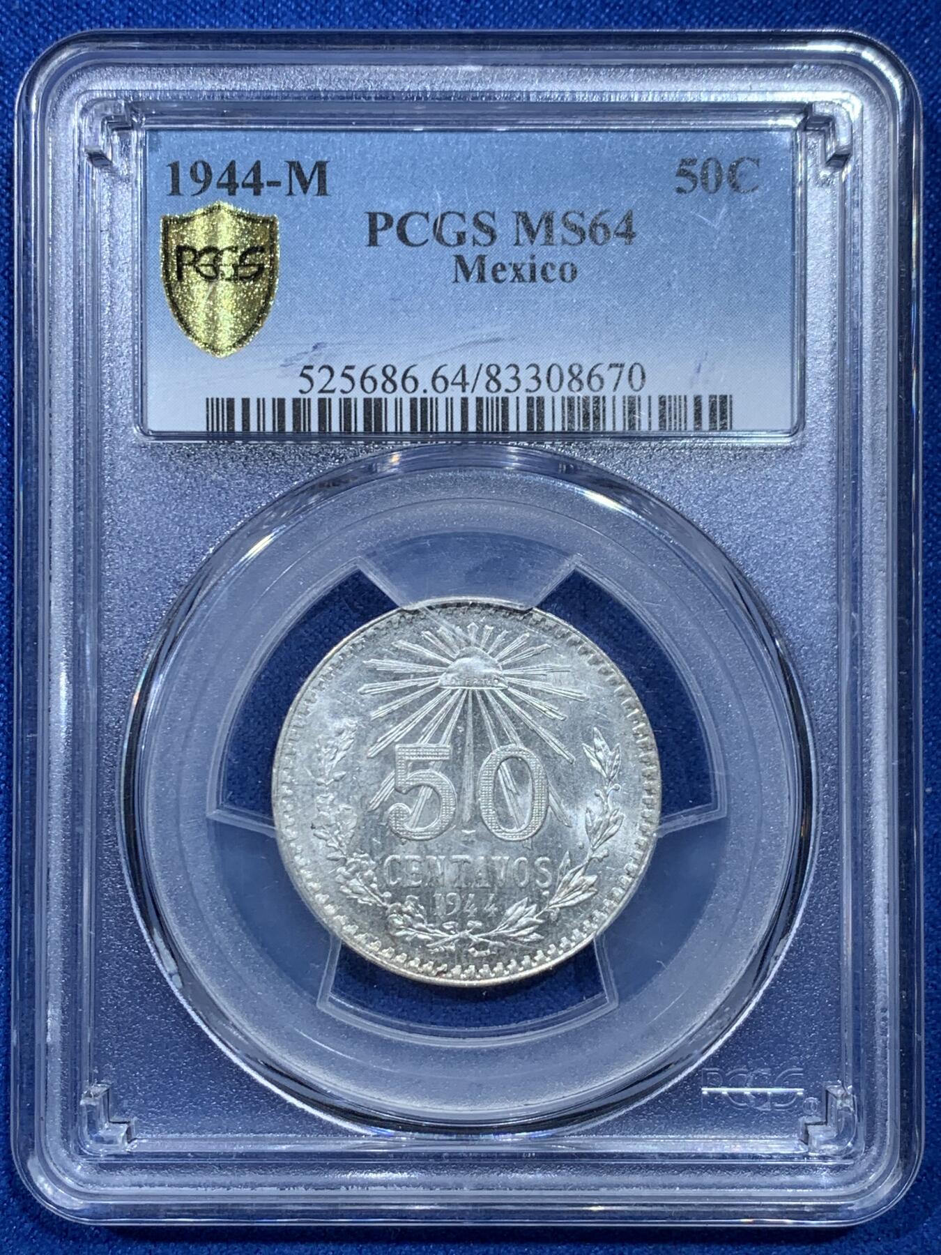 《竞宝斋》第342场 周日，周一，2场连拍 （全场包邮） PCGS MS64 墨西哥1944-M鹰洋50C银币