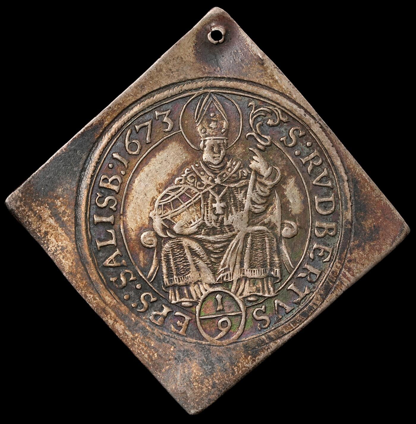 修遠堂世界钱币第五十二期 全场包邮 1673年神圣罗马帝国萨尔茨堡主教区1/9泰勒银币 3.21g 打孔
