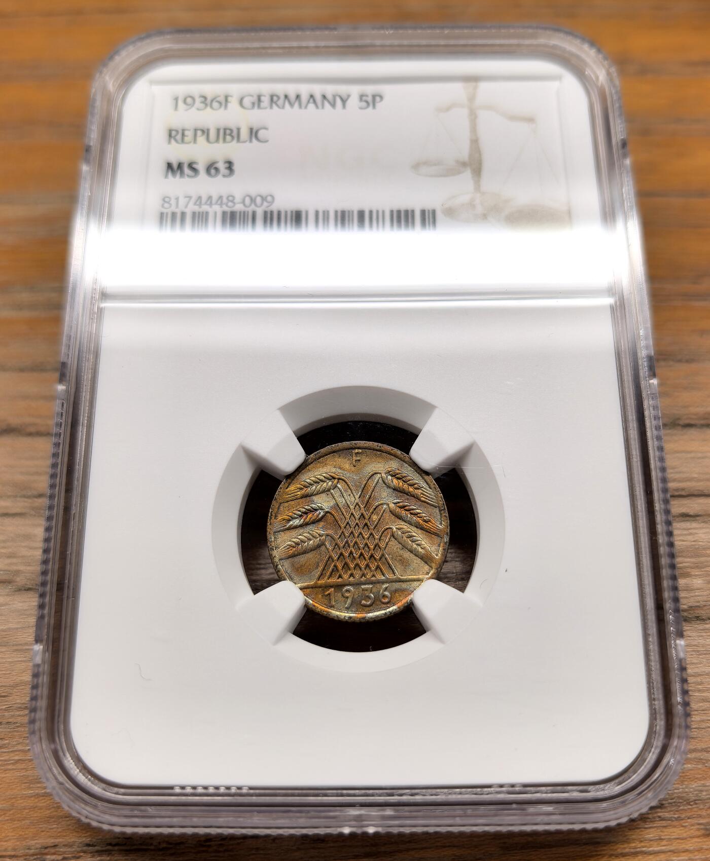 凡希社世界钱币微拍第二百九十四期 1936F德国麦穗5芬尼铜币NGC-MS63