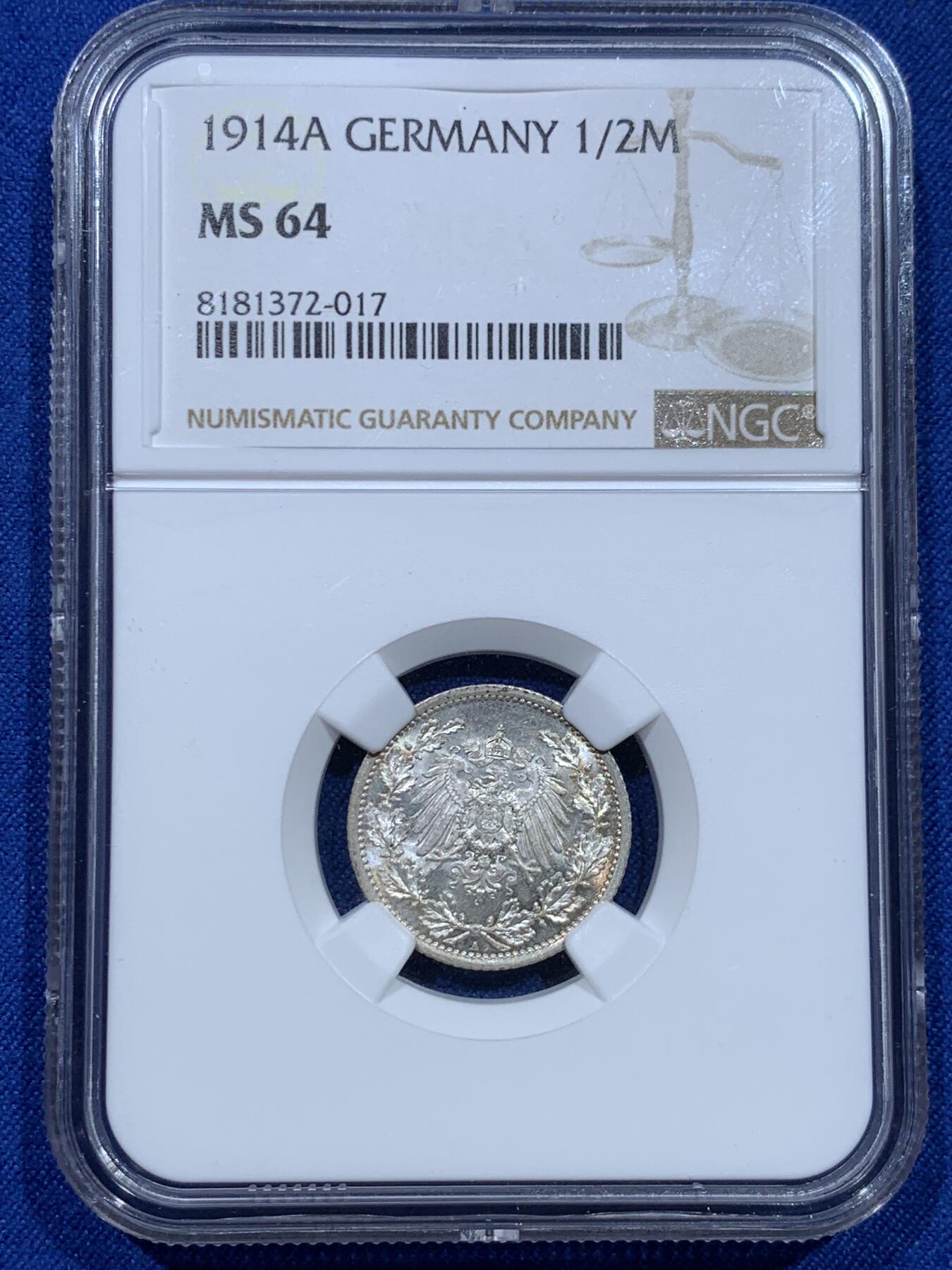 《竞宝斋》第342场 周日，周一，2场连拍 （全场包邮） NGC MS64 德国1914年A厂鹰徽1/2马克银币