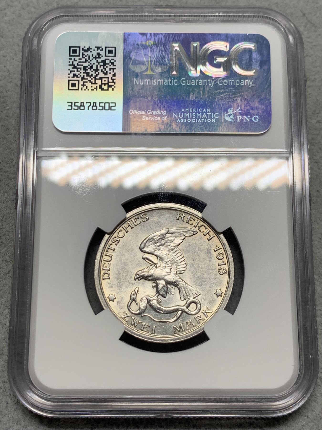 《竞宝斋》第342场 周日，周一，2场连拍 （全场包邮） NGC AUD 德国1913年普鲁士战胜拿破仑2马克银币