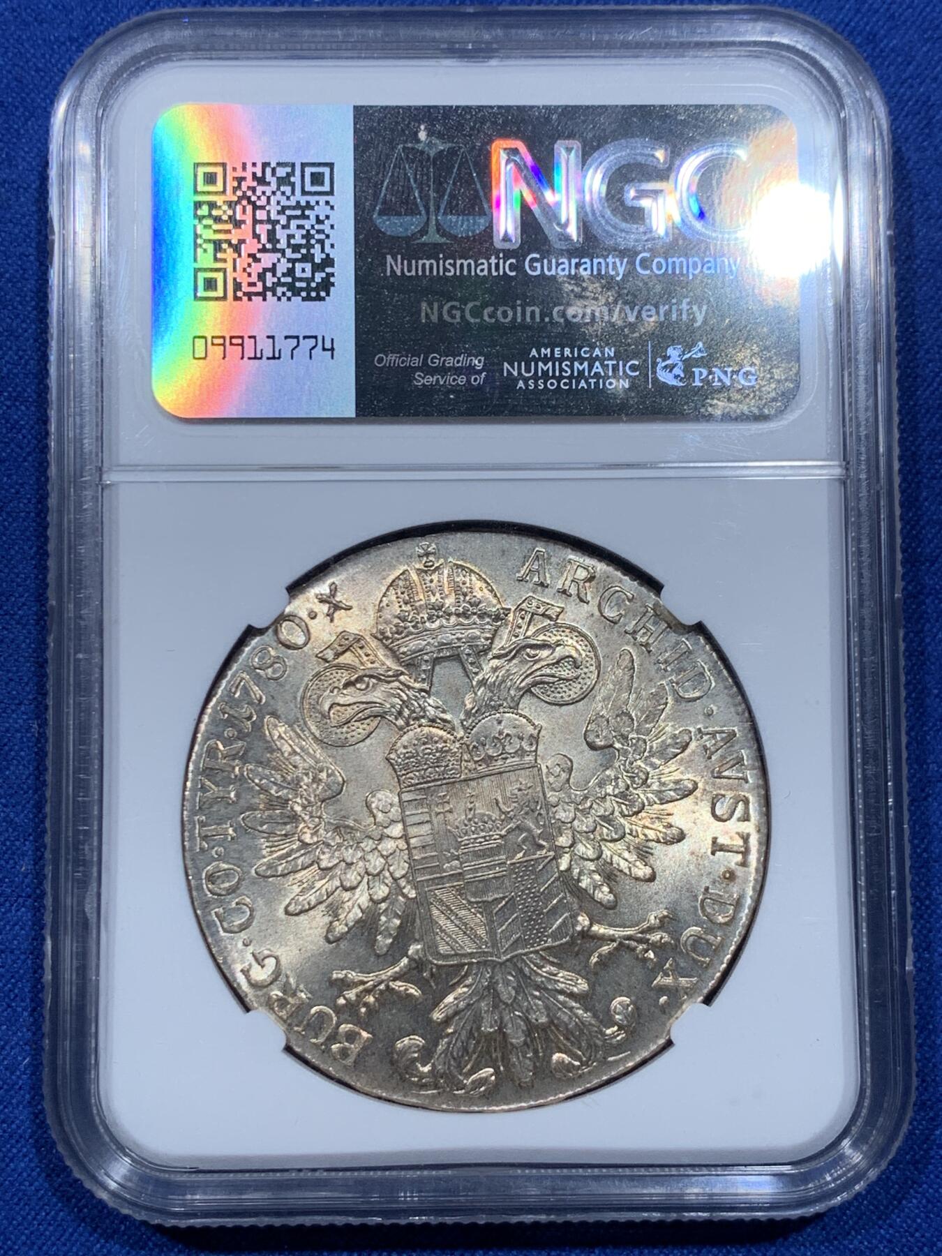 《竞宝斋》第342场 周日，周一，2场连拍 （全场包邮） NGC MS62 奥匈帝国1780年奥地利女王大奶妈1泰勒官方后铸版银币，黄油光，状态好。