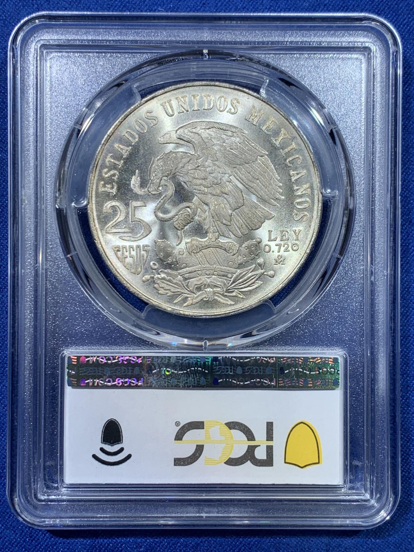 《竞宝斋》第342场 周日，周一，2场连拍 （全场包邮） PCGS MS66 墨西哥1968-Mo鹰洋25比索纪念银币，阿兹台克战士！