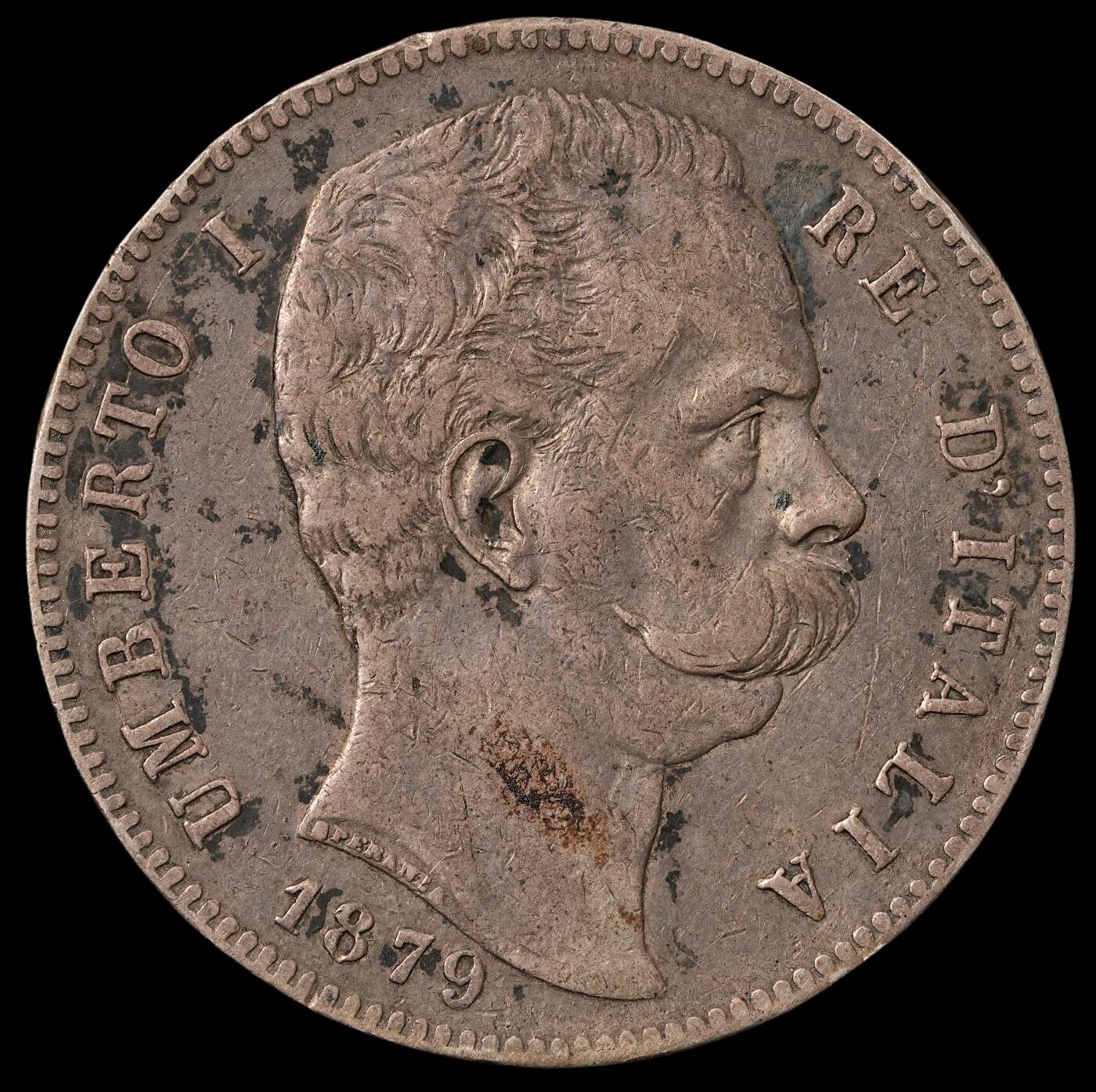 修遠堂世界钱币第五十二期 全场包邮 1879年意大利5里拉大银币 24.80g