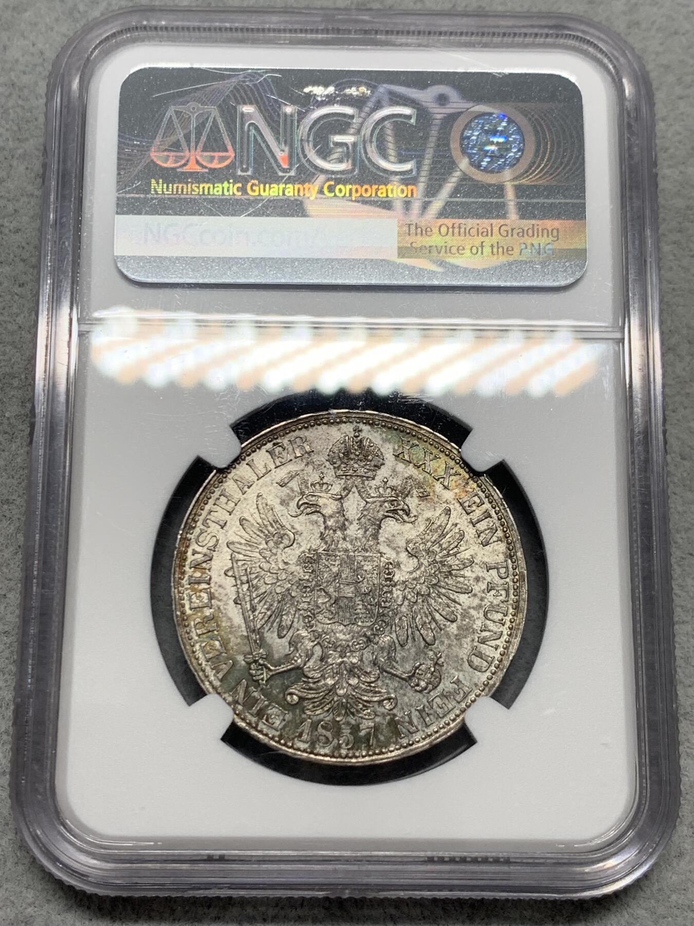 《竞宝斋》第342场 周日，周一，2场连拍 （全场包邮） NGC MS62 奥地利1857年弗朗茨一世双头鹰1泰勒银币，状态不错