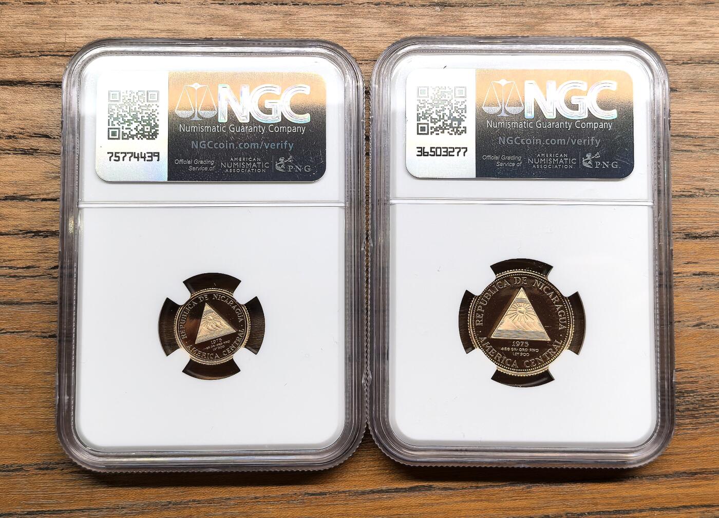 凡希社世界钱币微拍第二百九十四期 1975尼加拉瓜200/500G金币两枚套PS，NGC-PF70/69DCAM，2.1g/5.4g，900金。