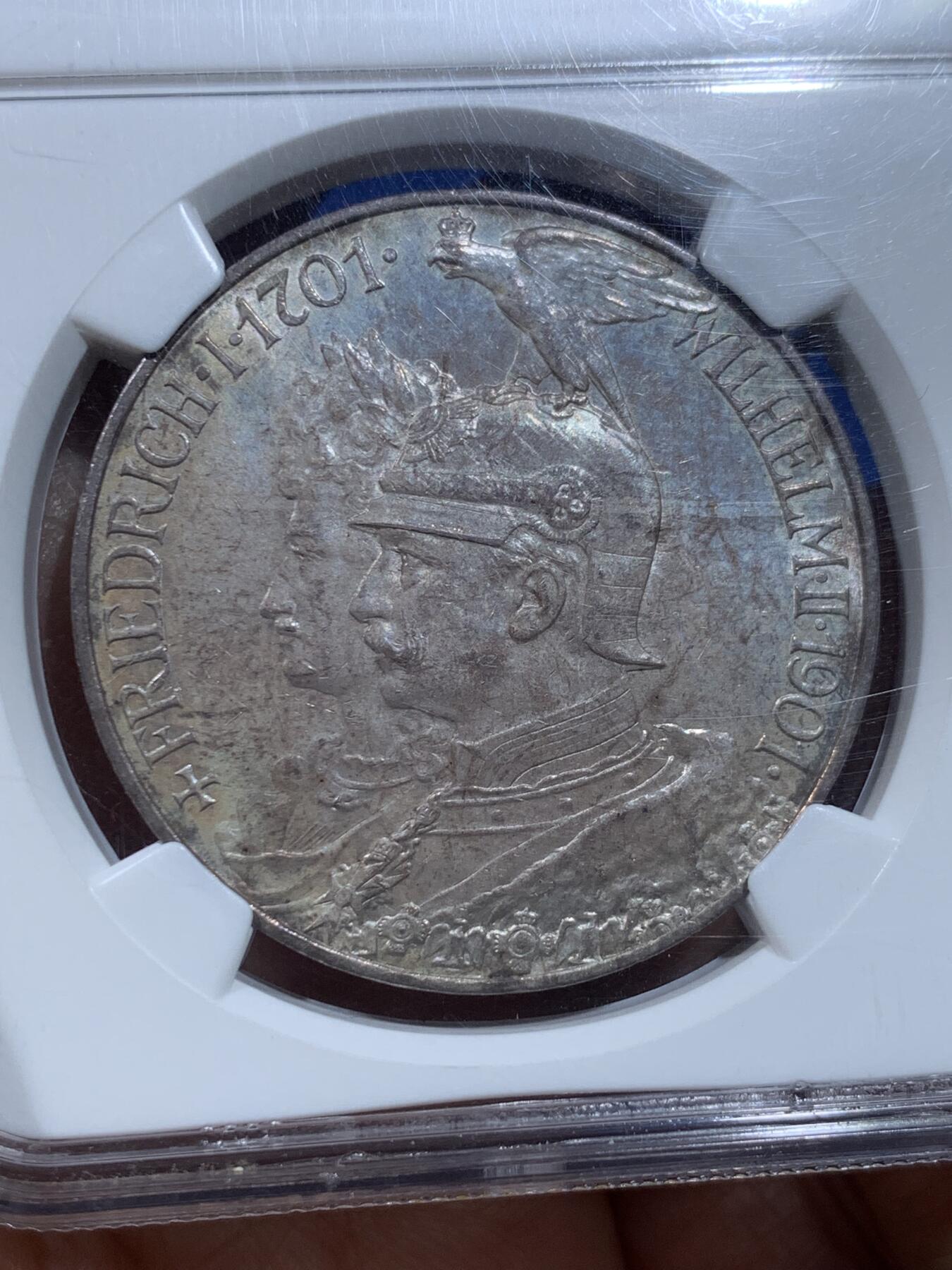 《竞宝斋》第342场 周日，周一，2场连拍 （全场包邮） NGC MS64 德国普鲁士1901年建国 5马克银币 PL底板 N老标签
