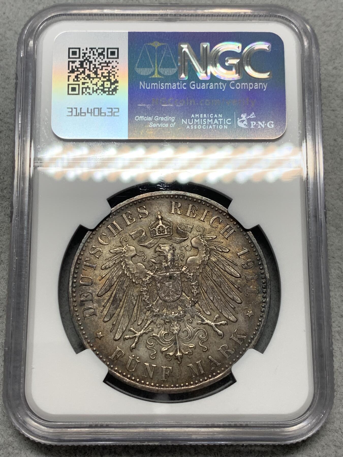 《竞宝斋》第342场 周日，周一，2场连拍 （全场包邮） NGC MS61 德国1911年巴伐利亚利奥波德5马克银币