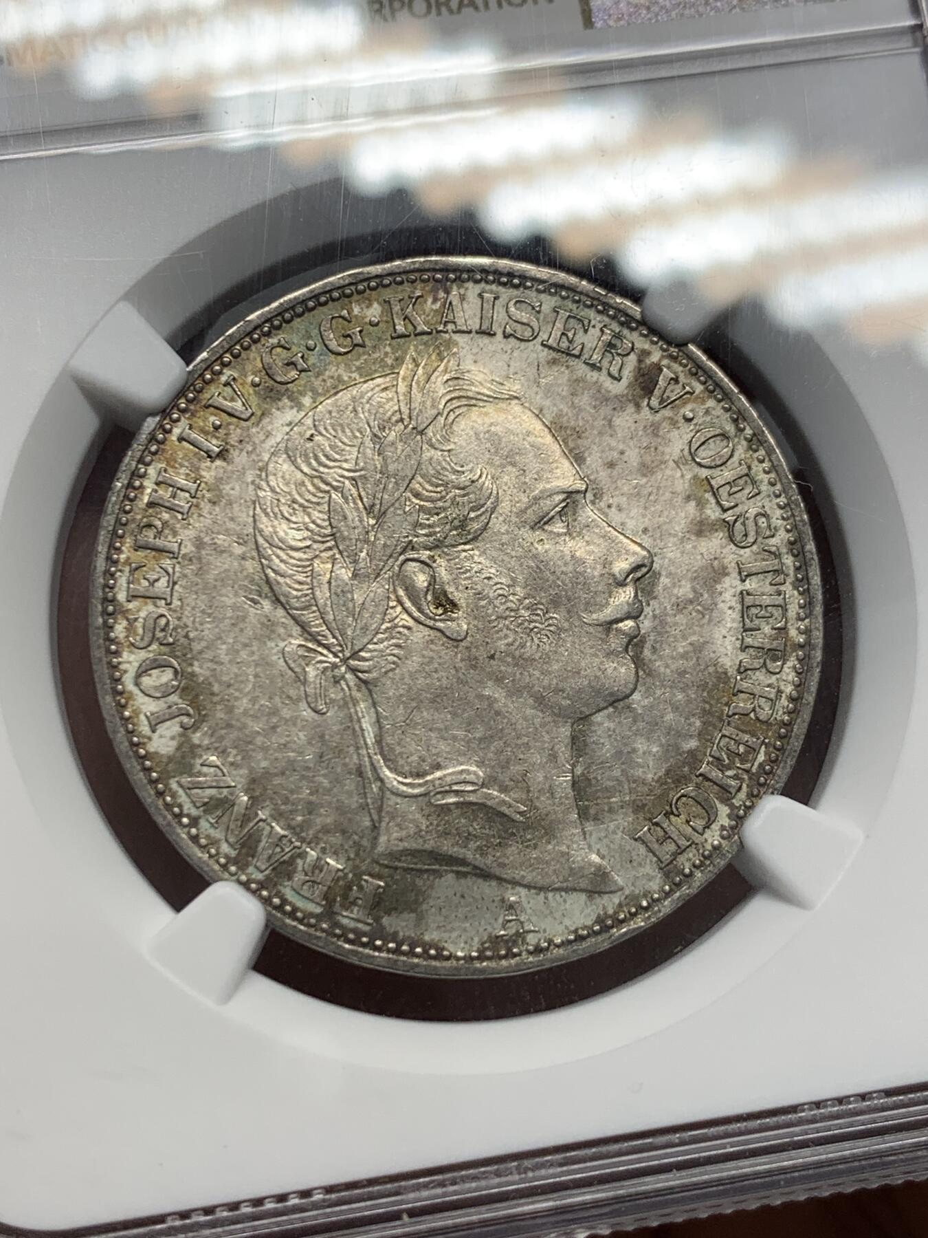 《竞宝斋》第342场 周日，周一，2场连拍 （全场包邮） NGC MS62 奥地利1857年弗朗茨一世双头鹰1泰勒银币，状态不错